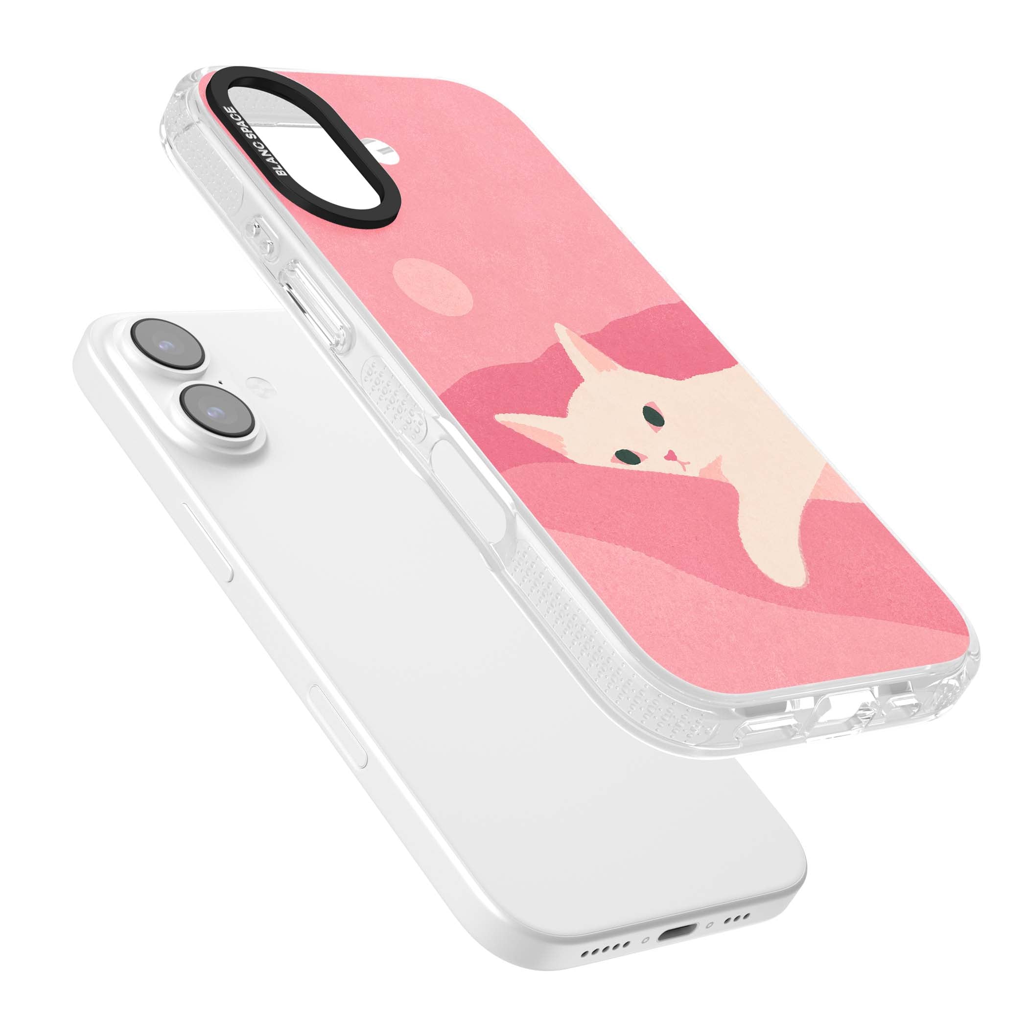 Pink Dreams cute cat iPhone case featuring a white kitten, soft pink hills and a pale pastel sun | Clear Case Impact Air case for iPhone 17