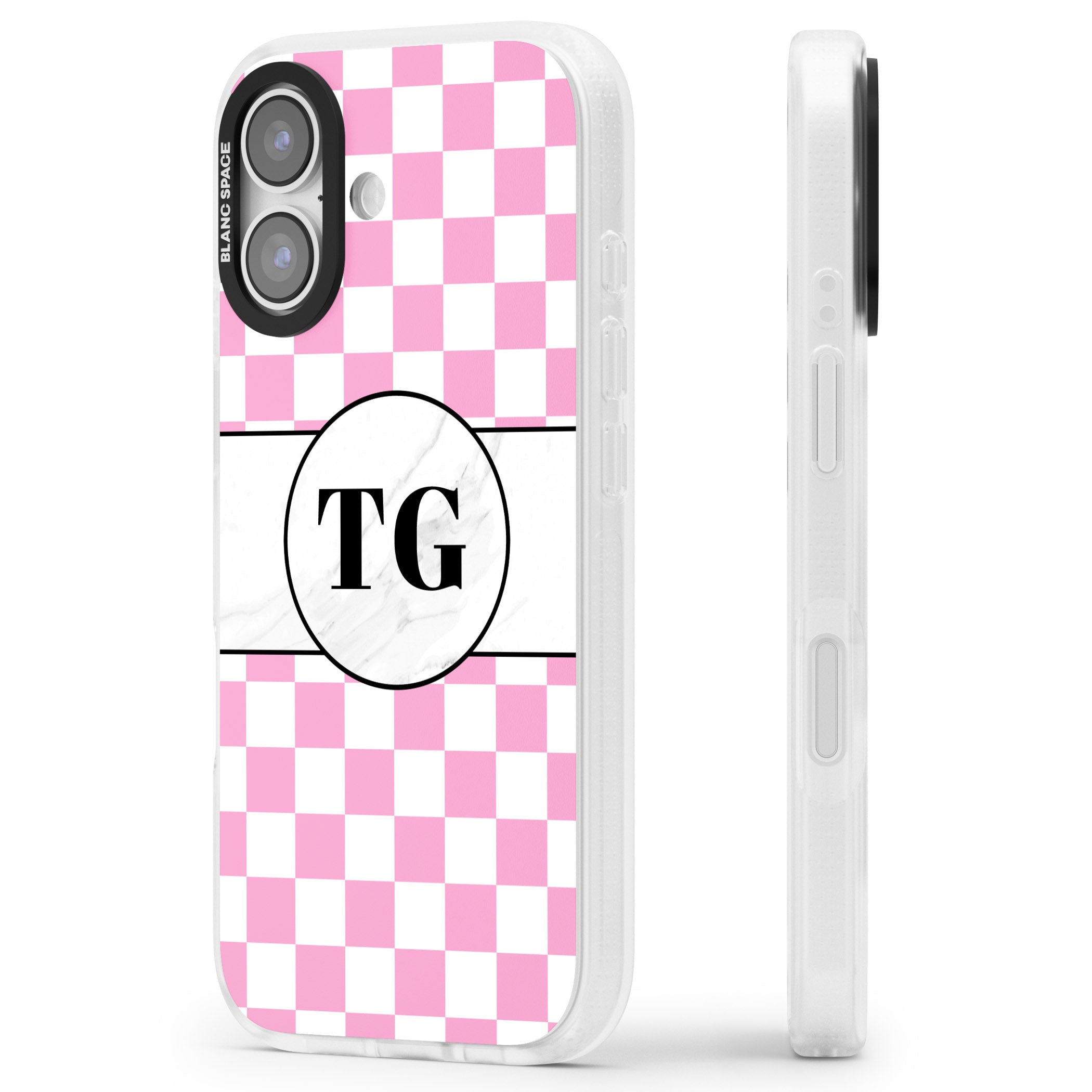 Personalised Monogrammed Pink Check iPhone 17 Impact Air Clear Phone Case Side Profile