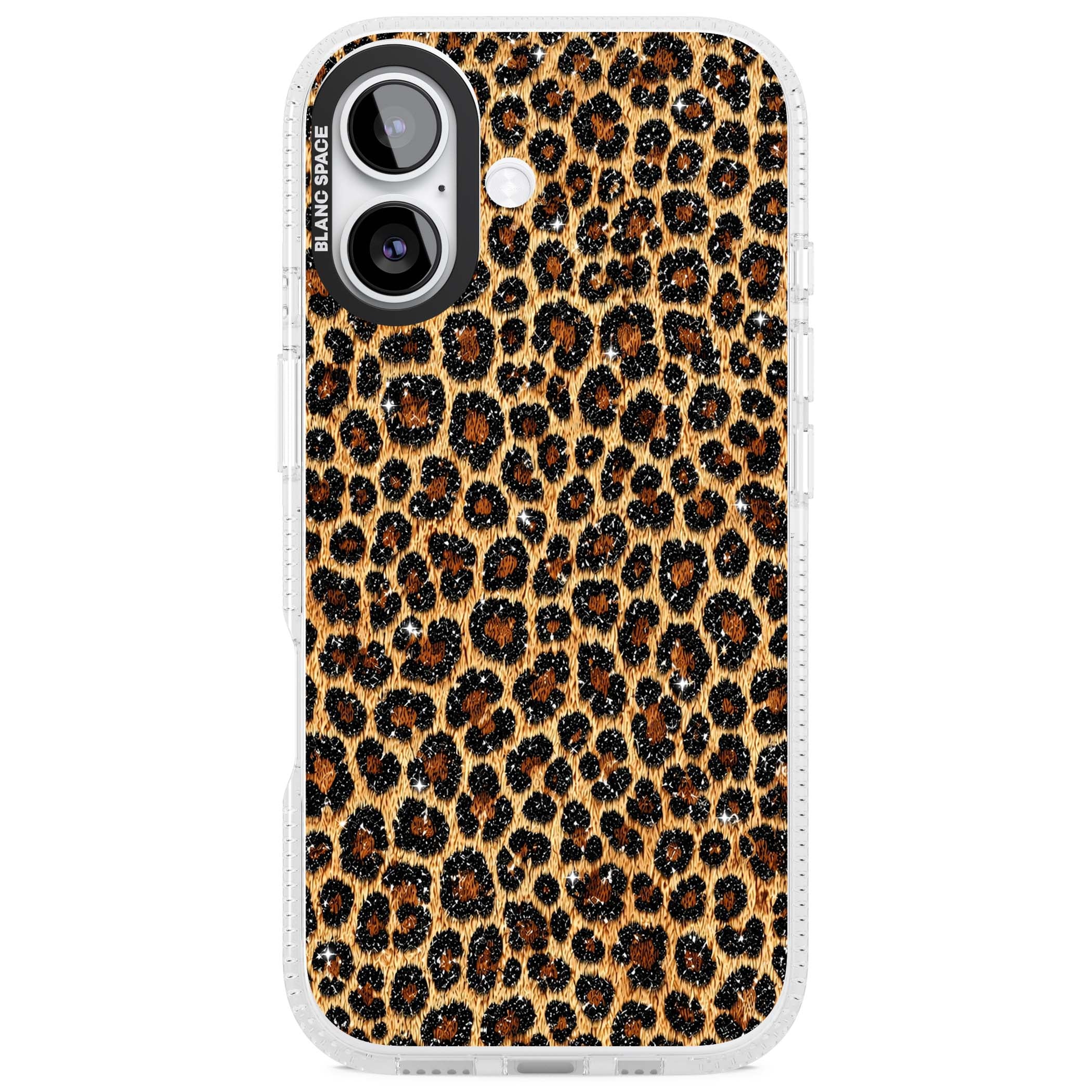 Diamond Leopard leopard print iPhone case featuring golden tan fur, black rosette spots and subtle glitter sparkle | Clear Case Impact Air case for iPhone 17