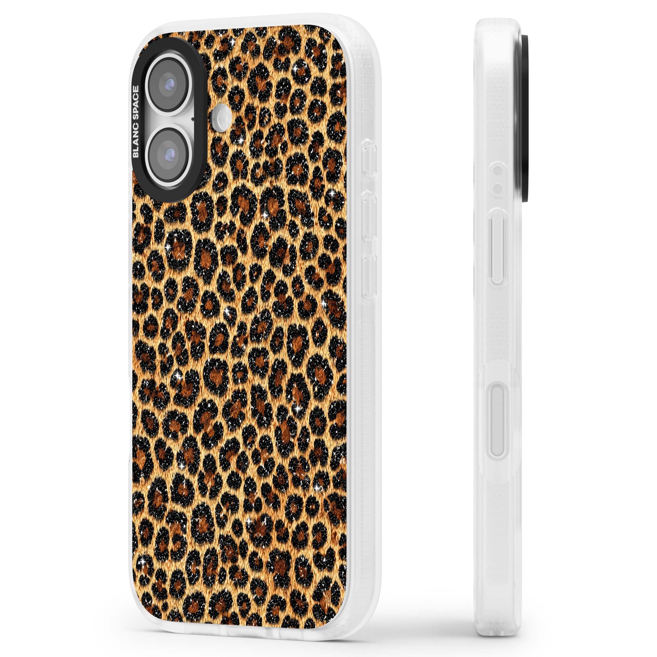 Diamond Leopard leopard print iPhone case featuring golden tan fur, black rosette spots and subtle glitter sparkle | Clear Case Impact Air case for iPhone 17