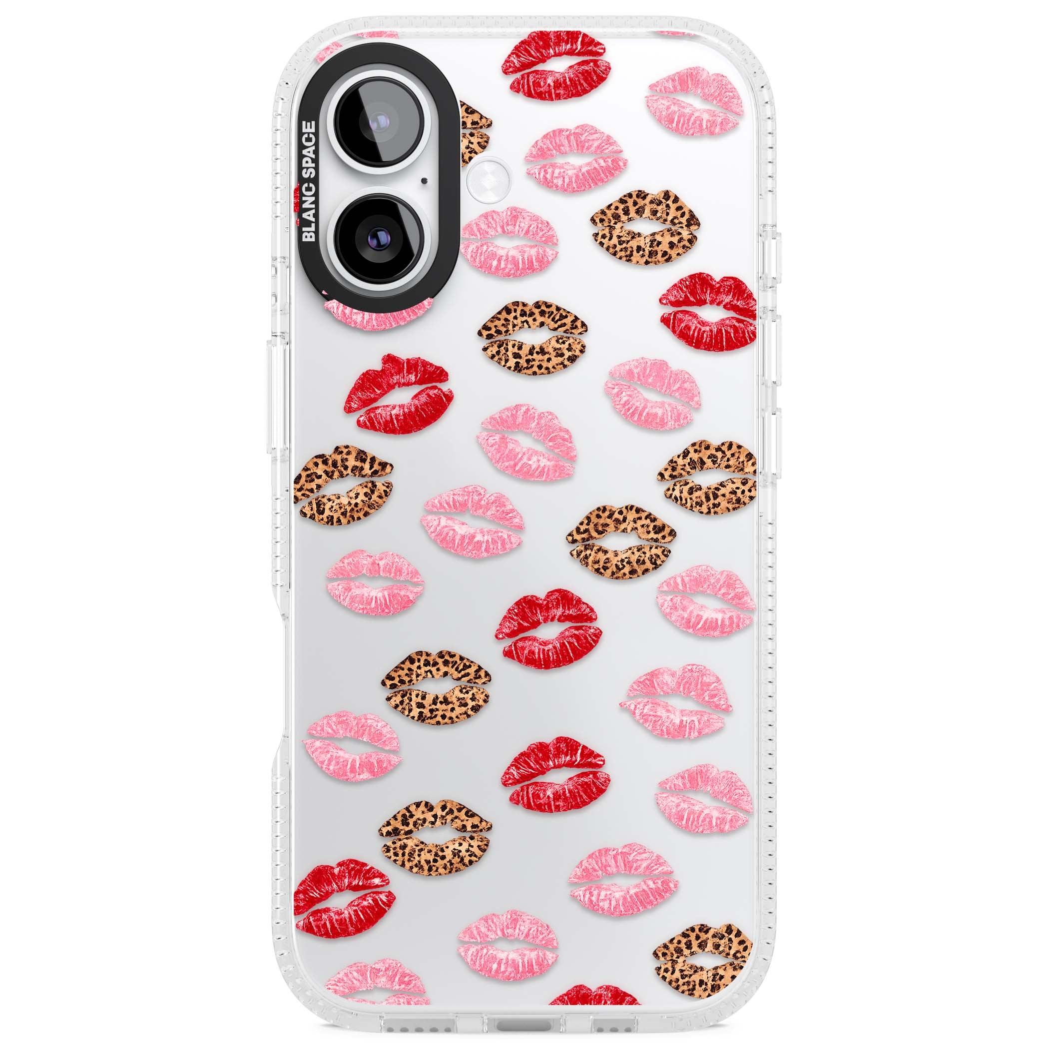 Wild Kisses coquette iPhone case featuring red, pink and leopard print lipstick kiss marks on a clear background | Clear Case Impact Air case for iPhone 17