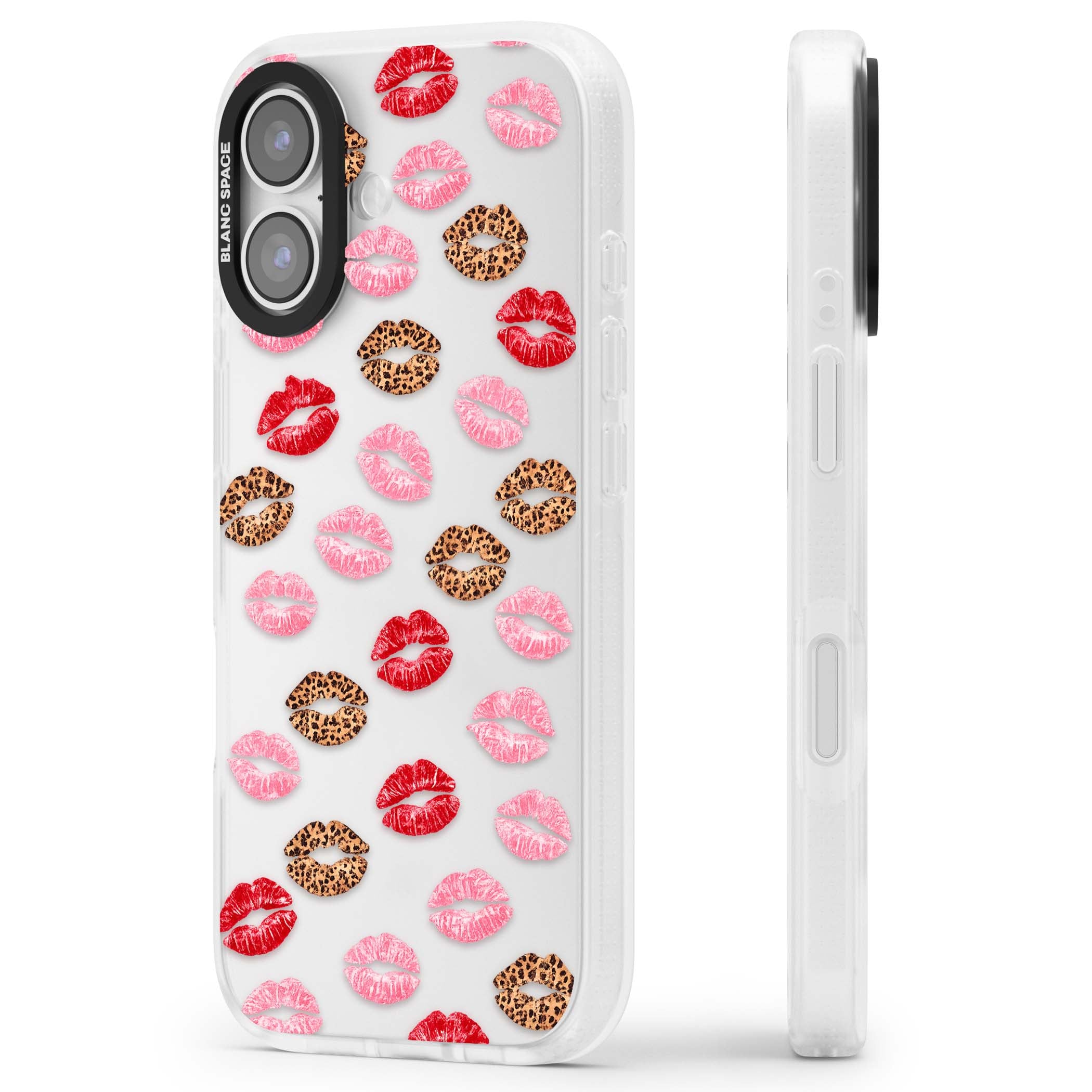 Wild Kisses coquette iPhone case featuring red, pink and leopard print lipstick kiss marks on a clear background | Clear Case Impact Air case for iPhone 17