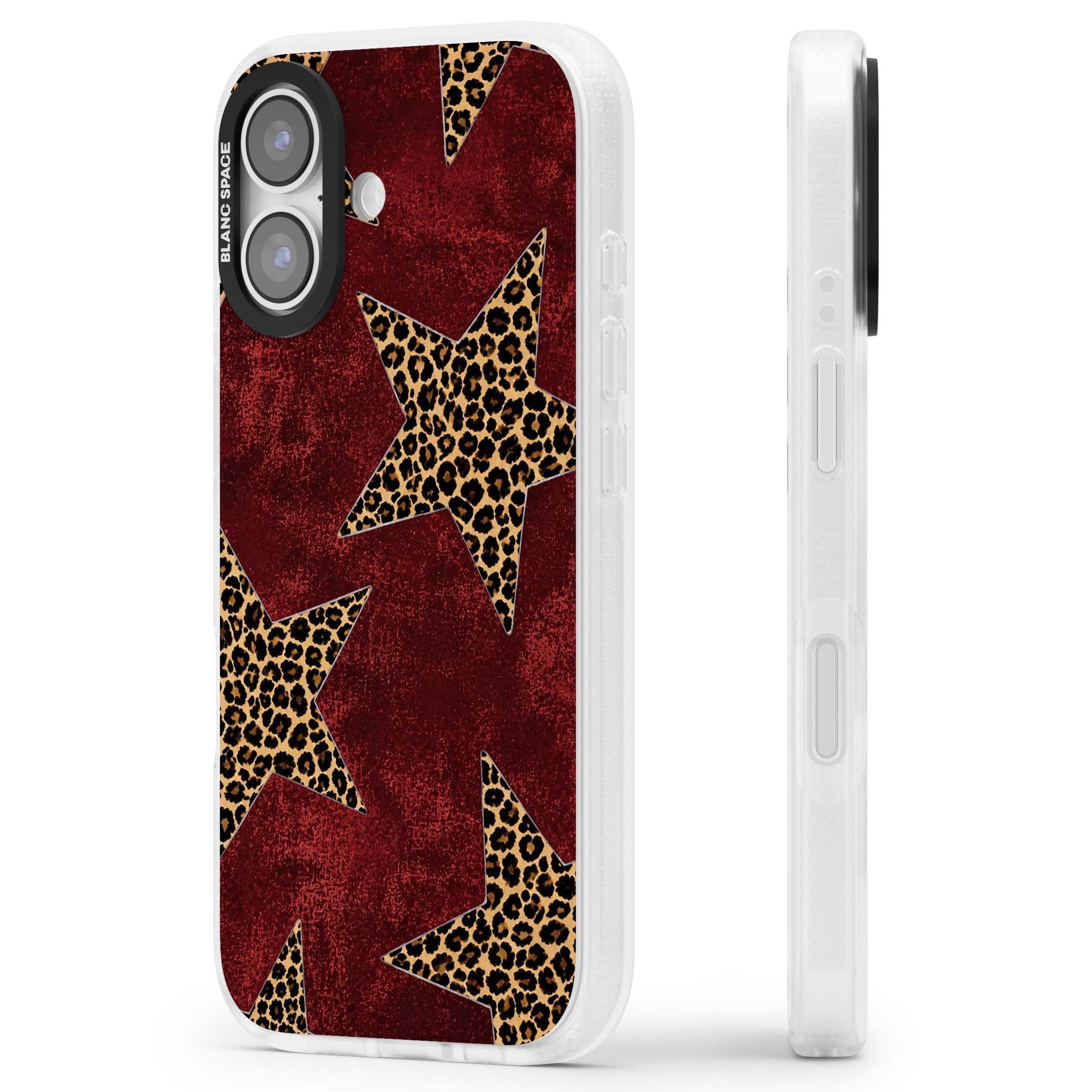Showgirl leopard print iPhone case featuring cheetah print stars on distressed red grunge background | Clear Case Impact Air case for iPhone 17