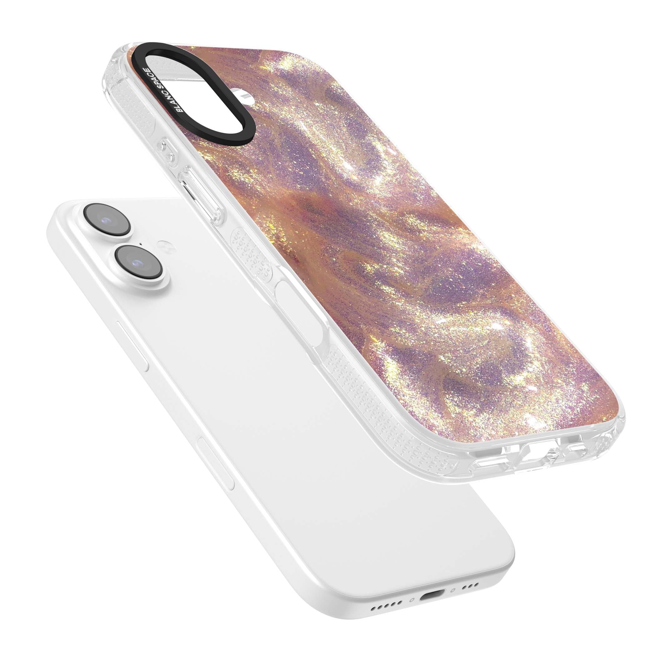 Shimmer marble iPhone case featuring rose gold glitter swirls, lilac shimmer and iridescent pearl finish | Clear Case Impact Air case for iPhone 17