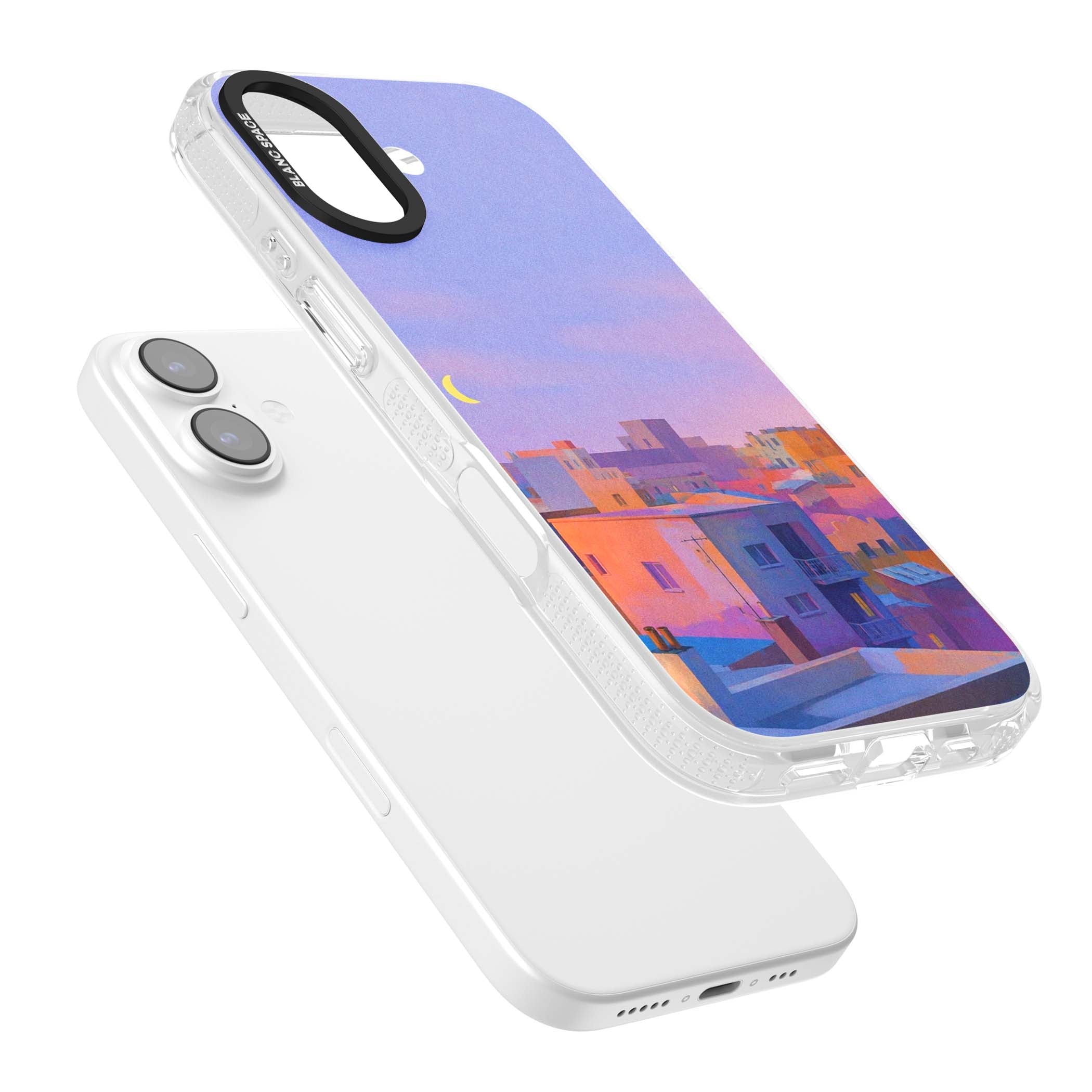 Twilight Rooftops vaporwave iPhone case featuring a pastel sunset cityscape, painted rooftops and a crescent moon. | Clear Case Impact Air case for iPhone 17