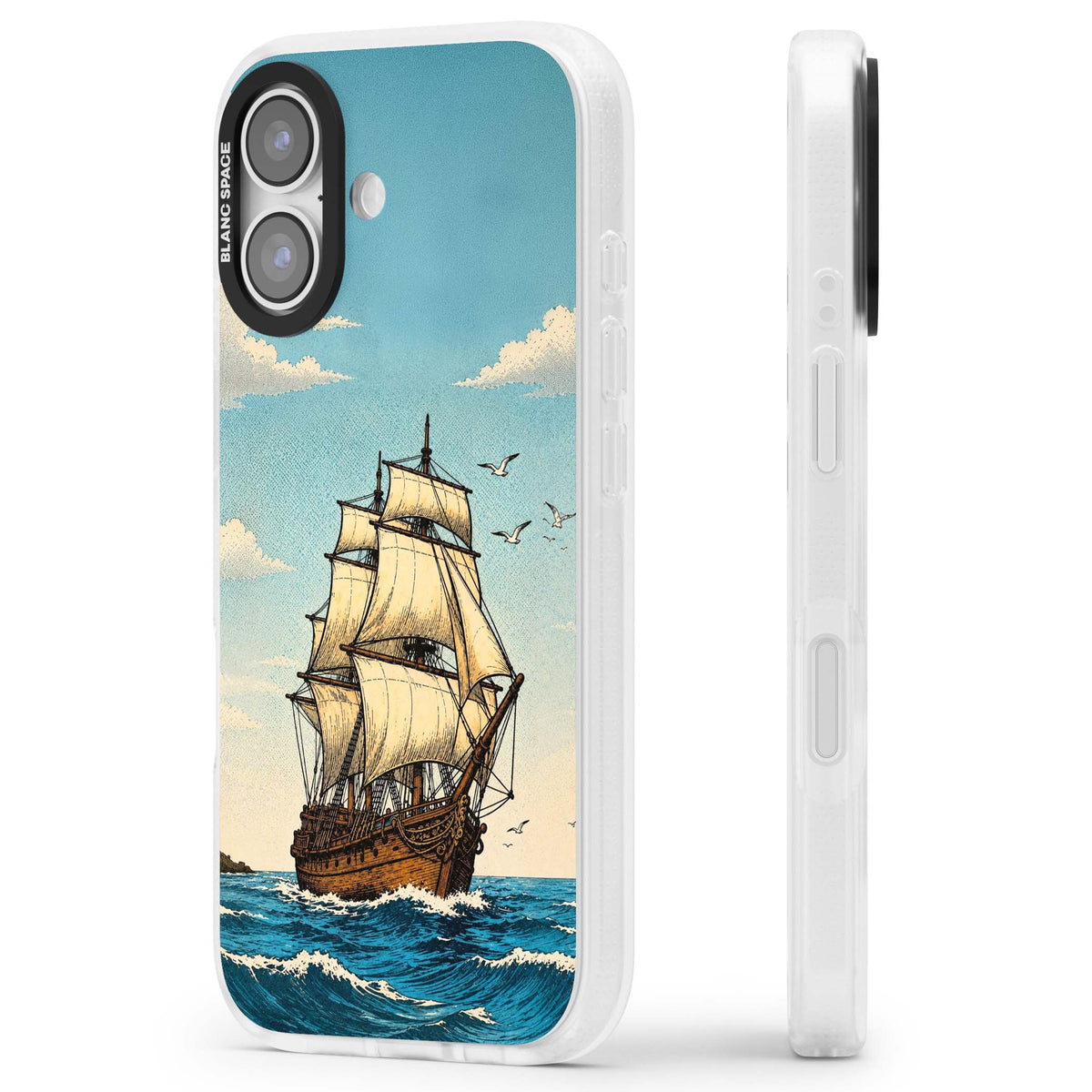 Ship at Sea nautical iPhone case featuring a vintage tall ship, ocean waves and seagulls | Clear Case Impact Air case for iPhone 17