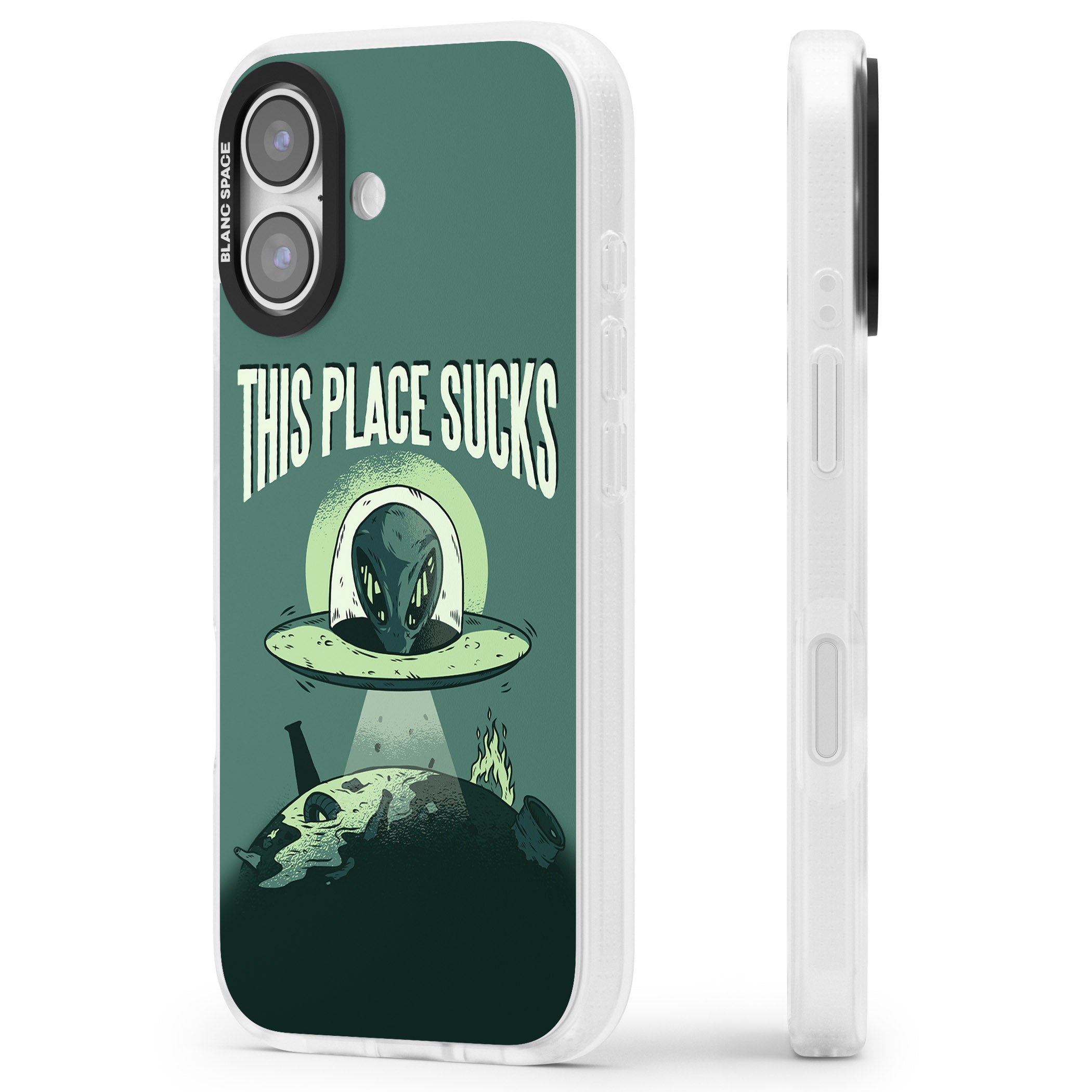 Earth Sucks iPhone 17 Impact Air Clear Phone Case Side Profile