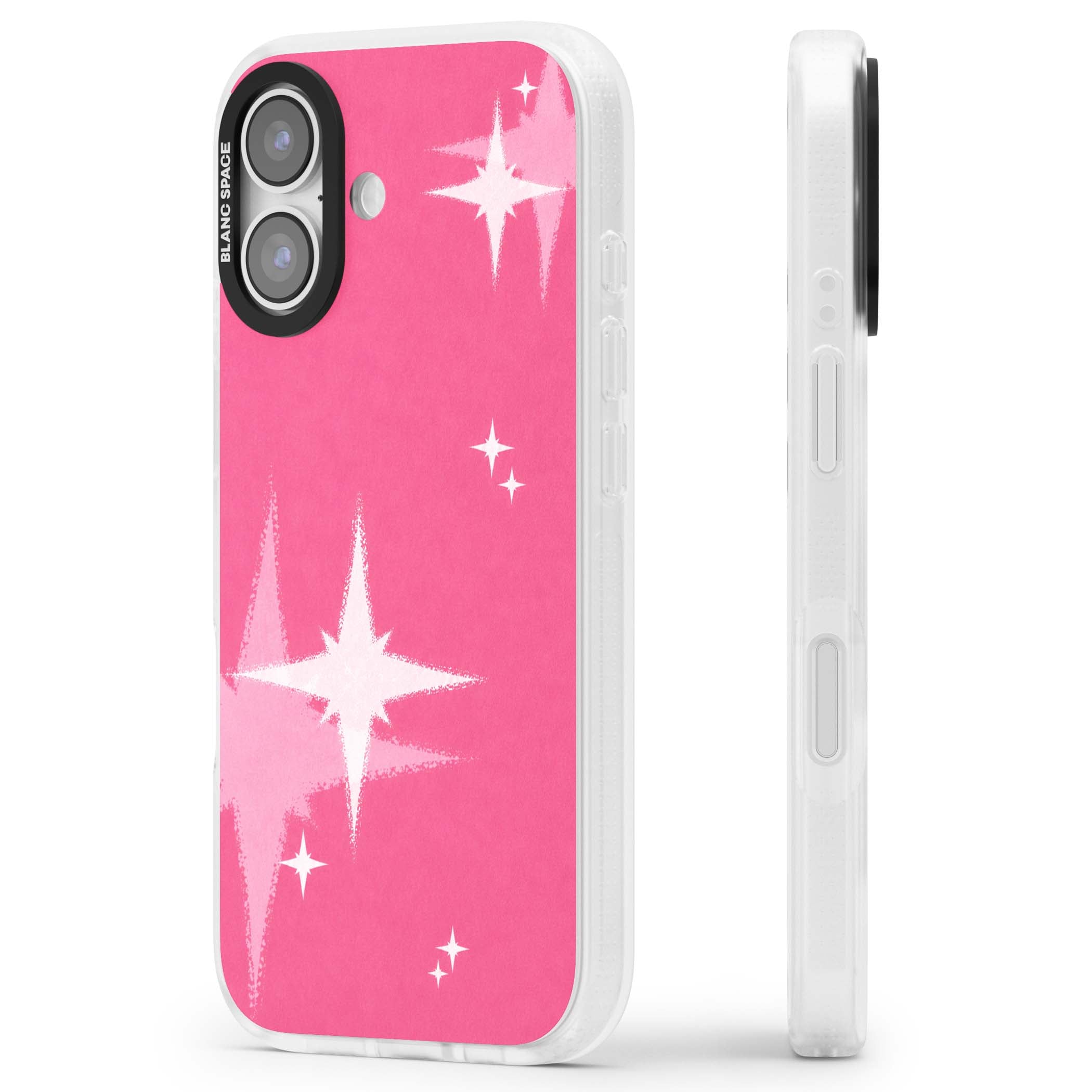Pink Sparkle Y2K iPhone case featuring hot pink background with shimmering white starburst pattern | Clear Case Impact Air case for iPhone 17