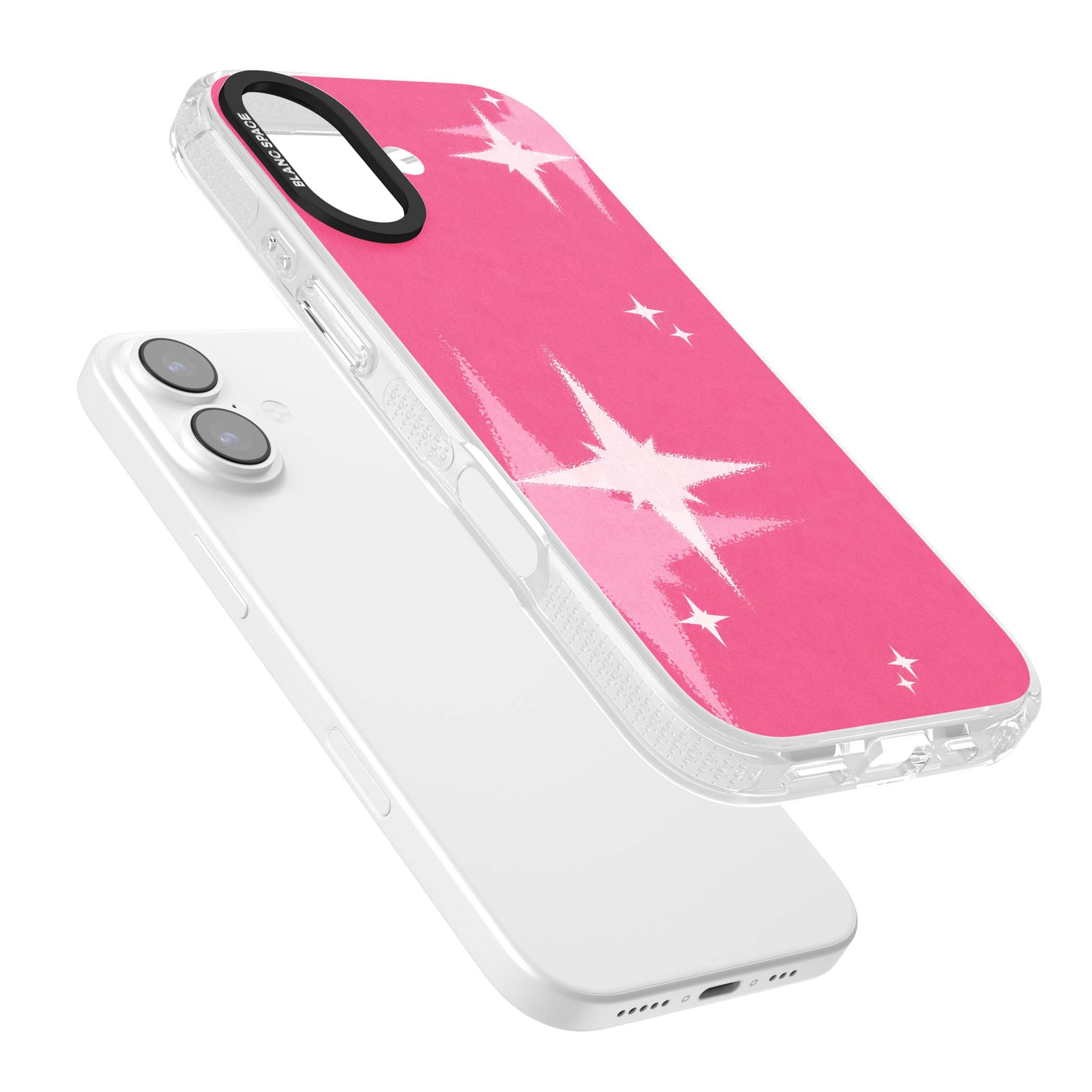 Pink Sparkle Y2K iPhone case featuring hot pink background with shimmering white starburst pattern | Clear Case Impact Air case for iPhone 17