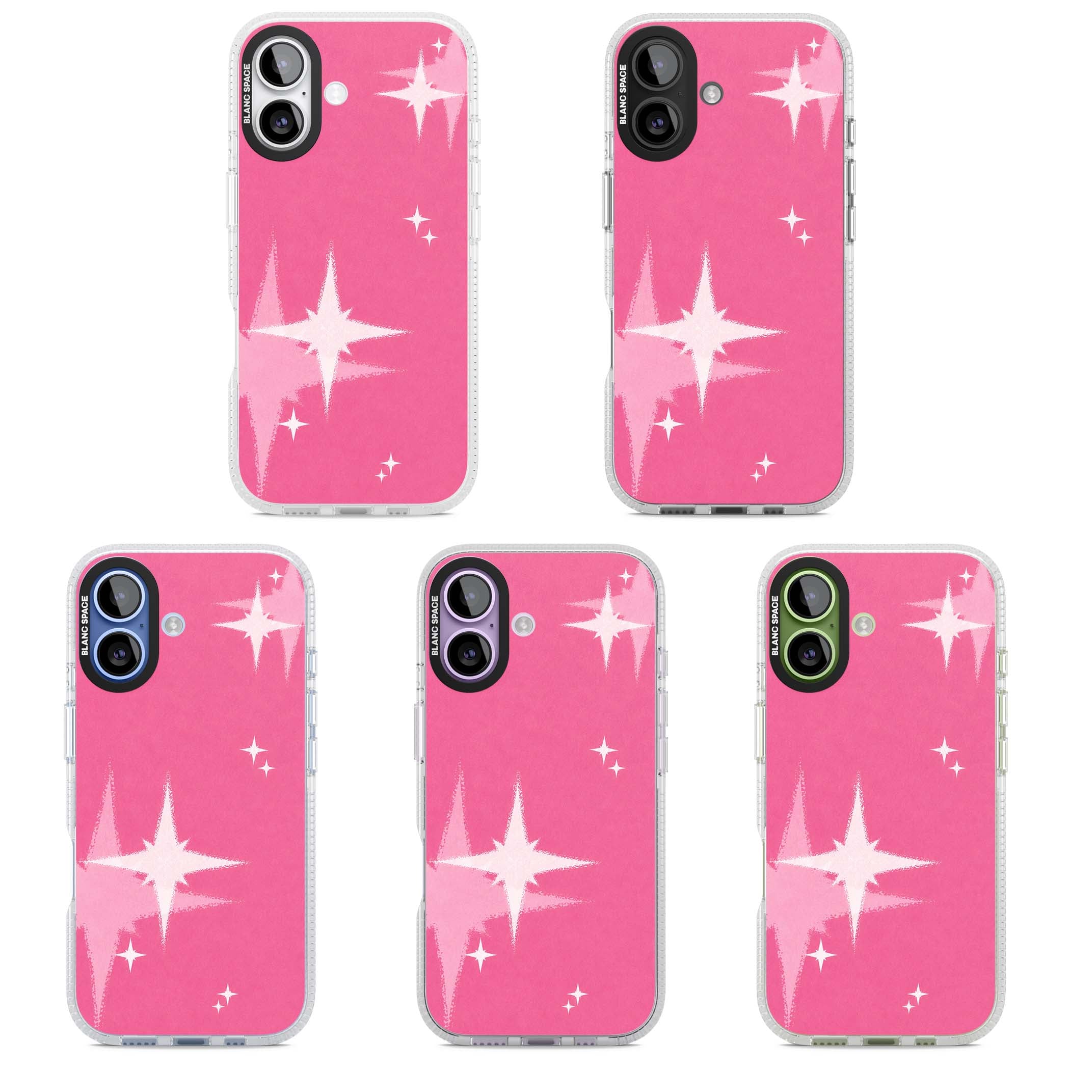 Pink Sparkle Y2K iPhone case featuring hot pink background with shimmering white starburst pattern | Clear Case Impact Air case for iPhone 17