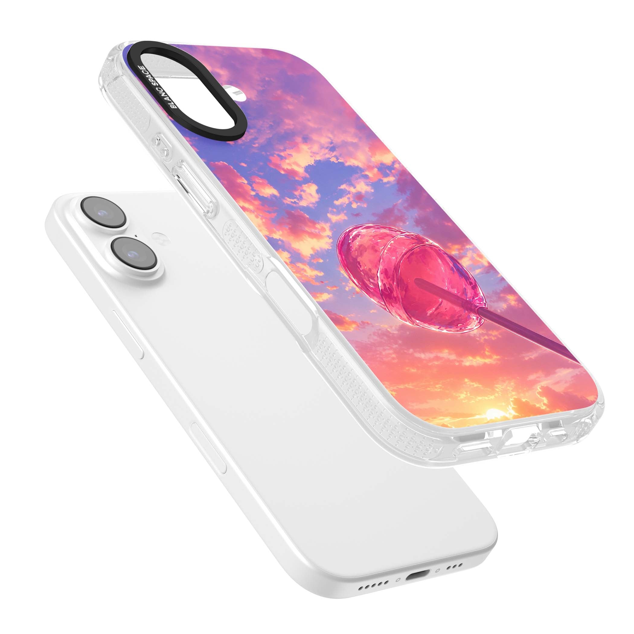 Sugar Sunset candy aesthetic iPhone case featuring a pink lollipop, pastel sunset sky and dreamy clouds | Clear Case Impact Air case for iPhone 17