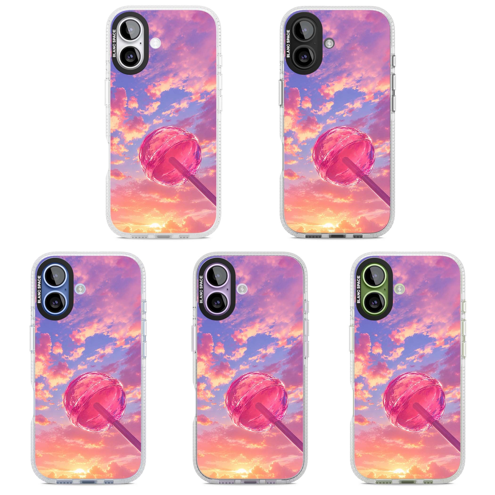 Sugar Sunset candy aesthetic iPhone case featuring a pink lollipop, pastel sunset sky and dreamy clouds | Clear Case Impact Air case for iPhone 17