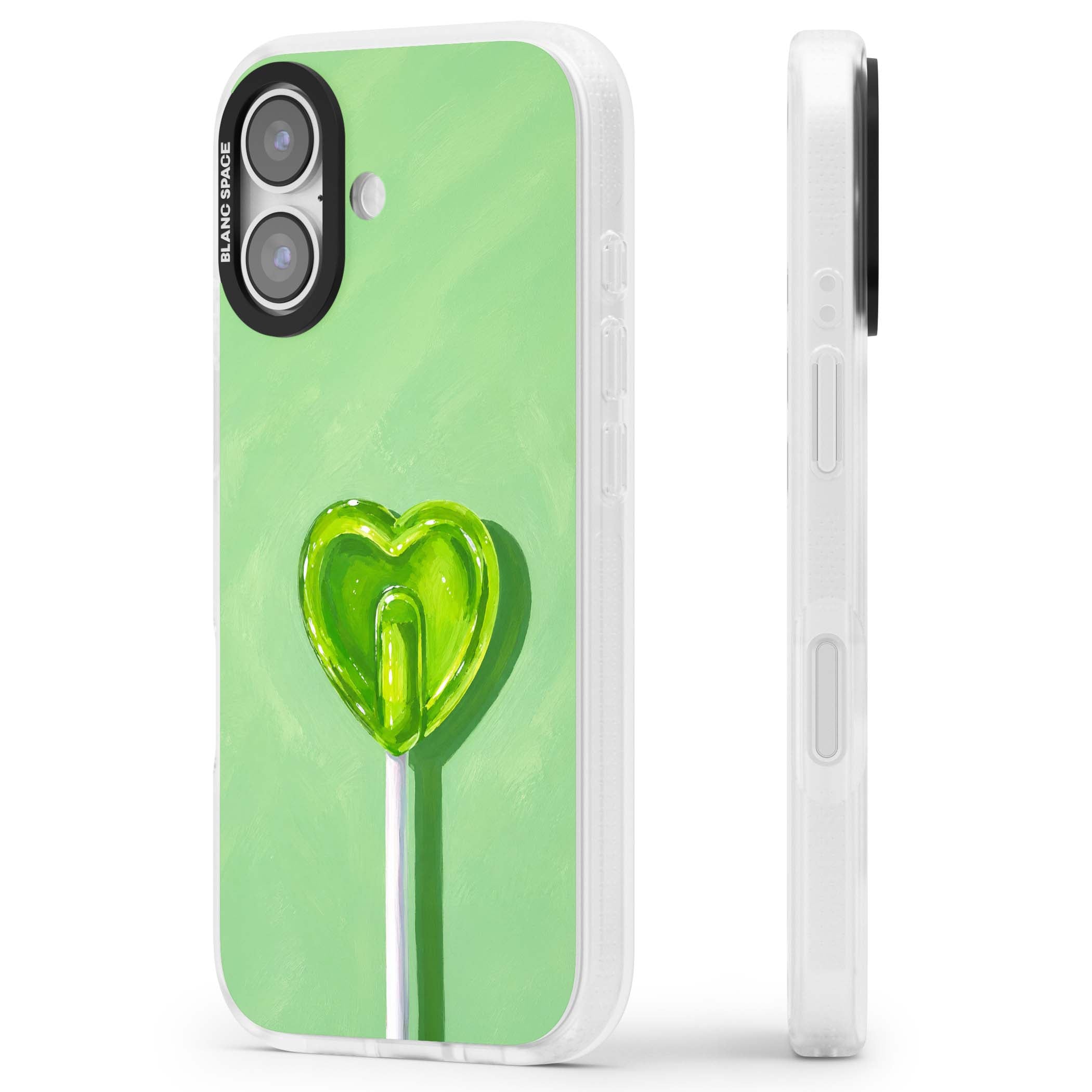 Green Lollipop candy art iPhone case featuring a glossy green heart-shaped lollipop on a painted pastel green background | Clear Case Impact Air case for iPhone 17
