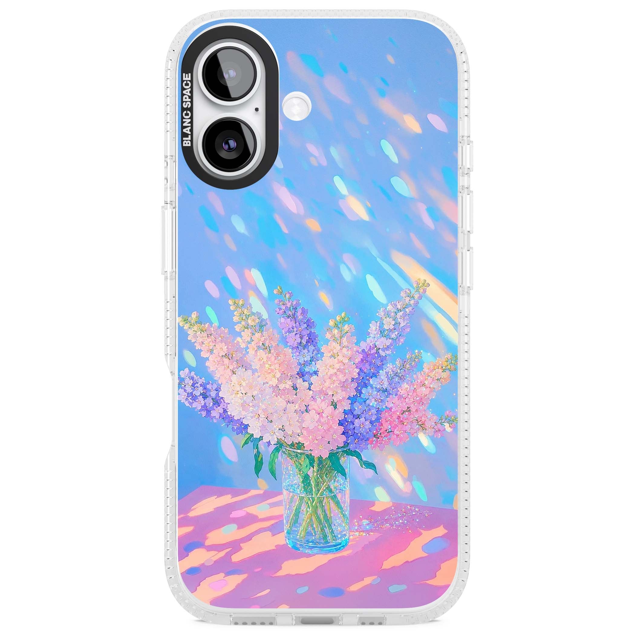 Bubblegum Flowers floral iPhone case featuring pastel lilac and pink bouquet in a glass vase with iridescent light | Clear Case Impact Air case for iPhone 17