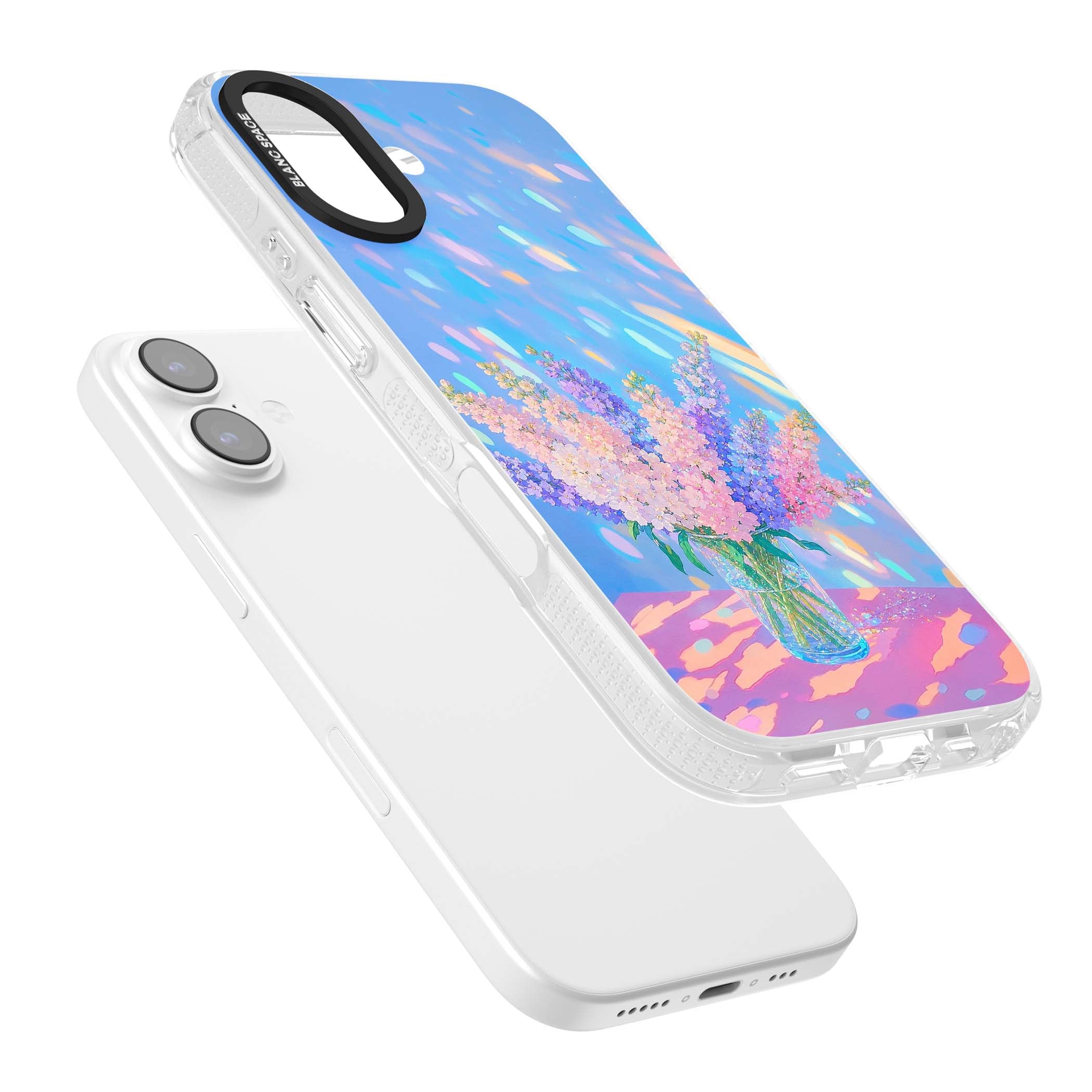 Bubblegum Flowers floral iPhone case featuring pastel lilac and pink bouquet in a glass vase with iridescent light | Clear Case Impact Air case for iPhone 17