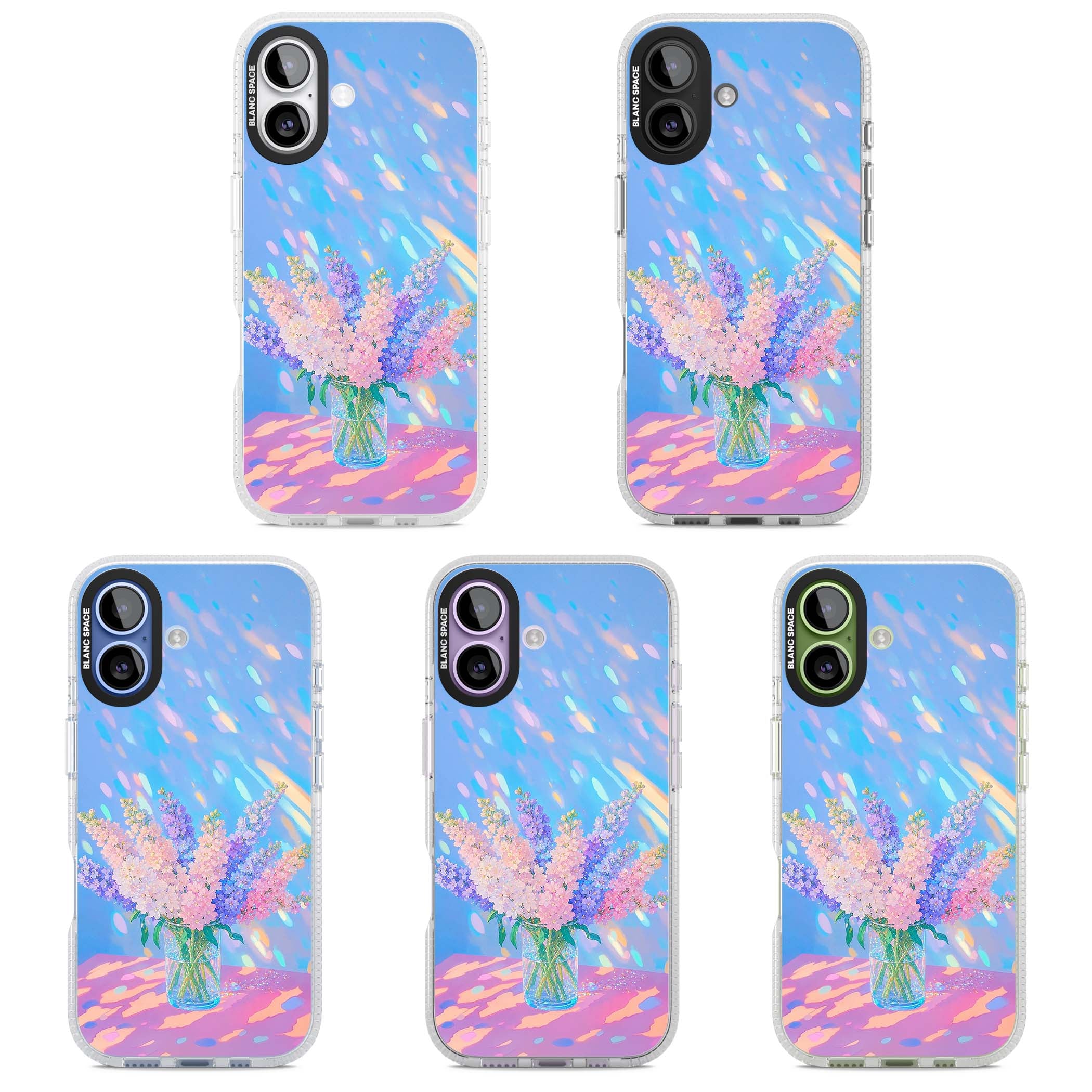 Bubblegum Flowers floral iPhone case featuring pastel lilac and pink bouquet in a glass vase with iridescent light | Clear Case Impact Air case for iPhone 17