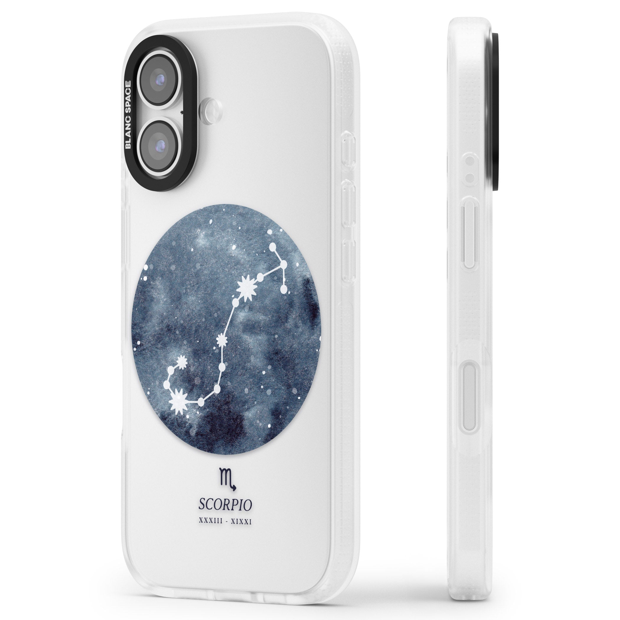 Scorpio Zodiac Blue iPhone 17 Impact Air Clear Phone Case Side Profile