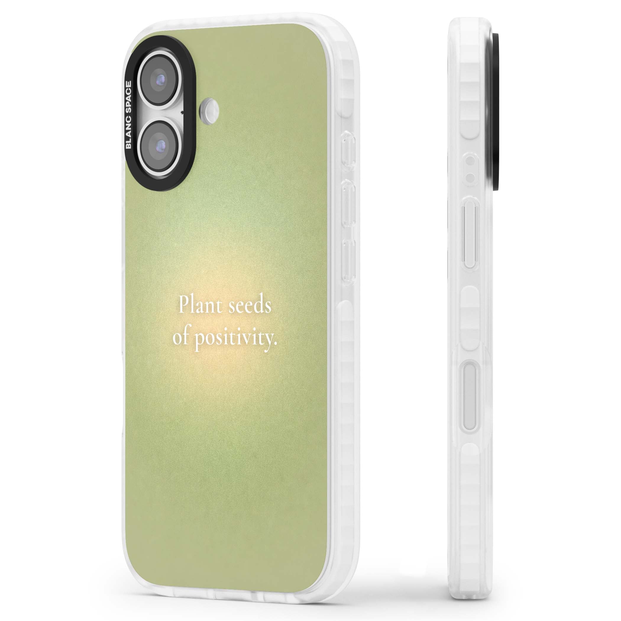 Seeds of Positivity quote iPhone case featuring a sage green aura gradient and golden glow affirmation | Black Impact case for iPhone 17