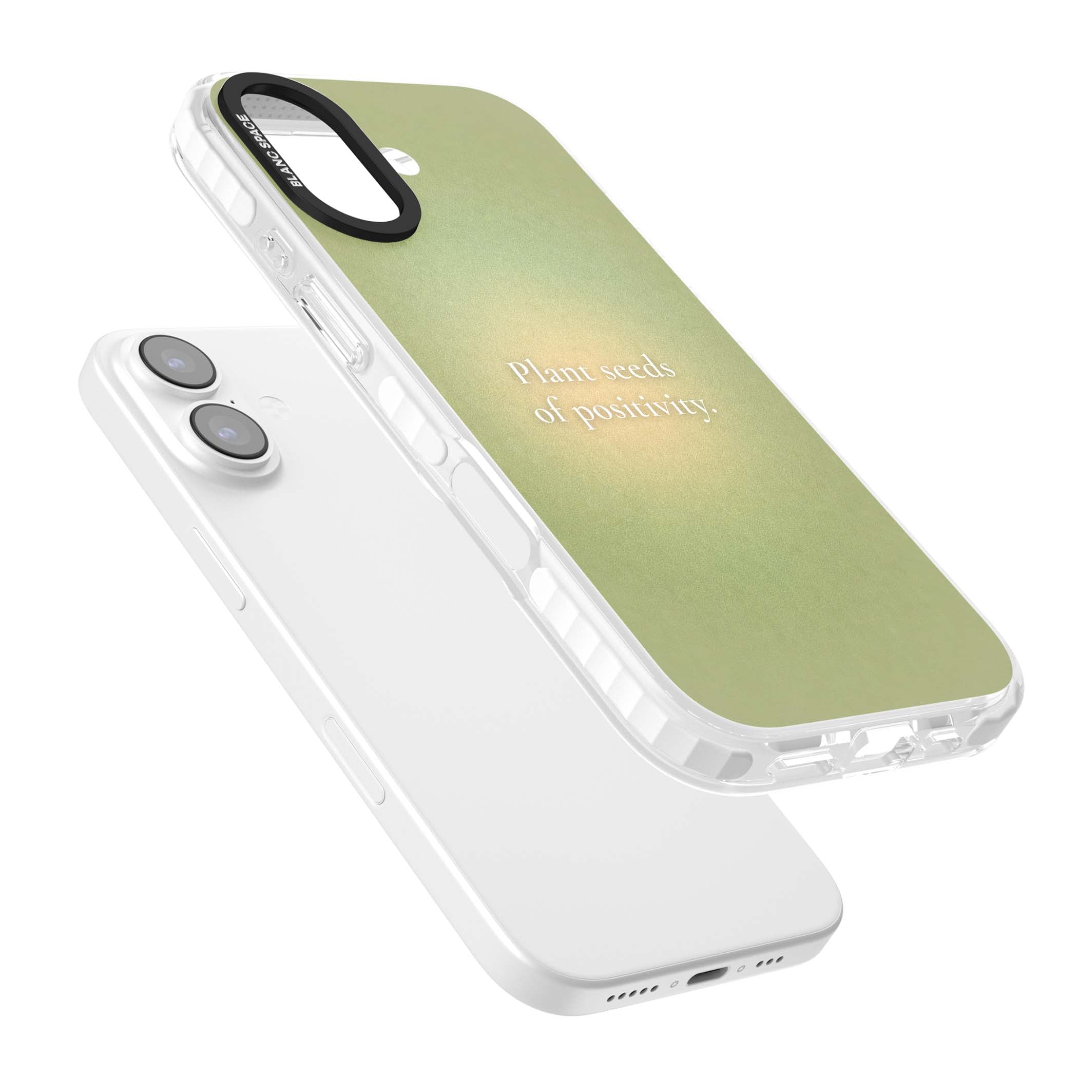 Seeds of Positivity quote iPhone case featuring a sage green aura gradient and golden glow affirmation | Black Impact case for iPhone 17
