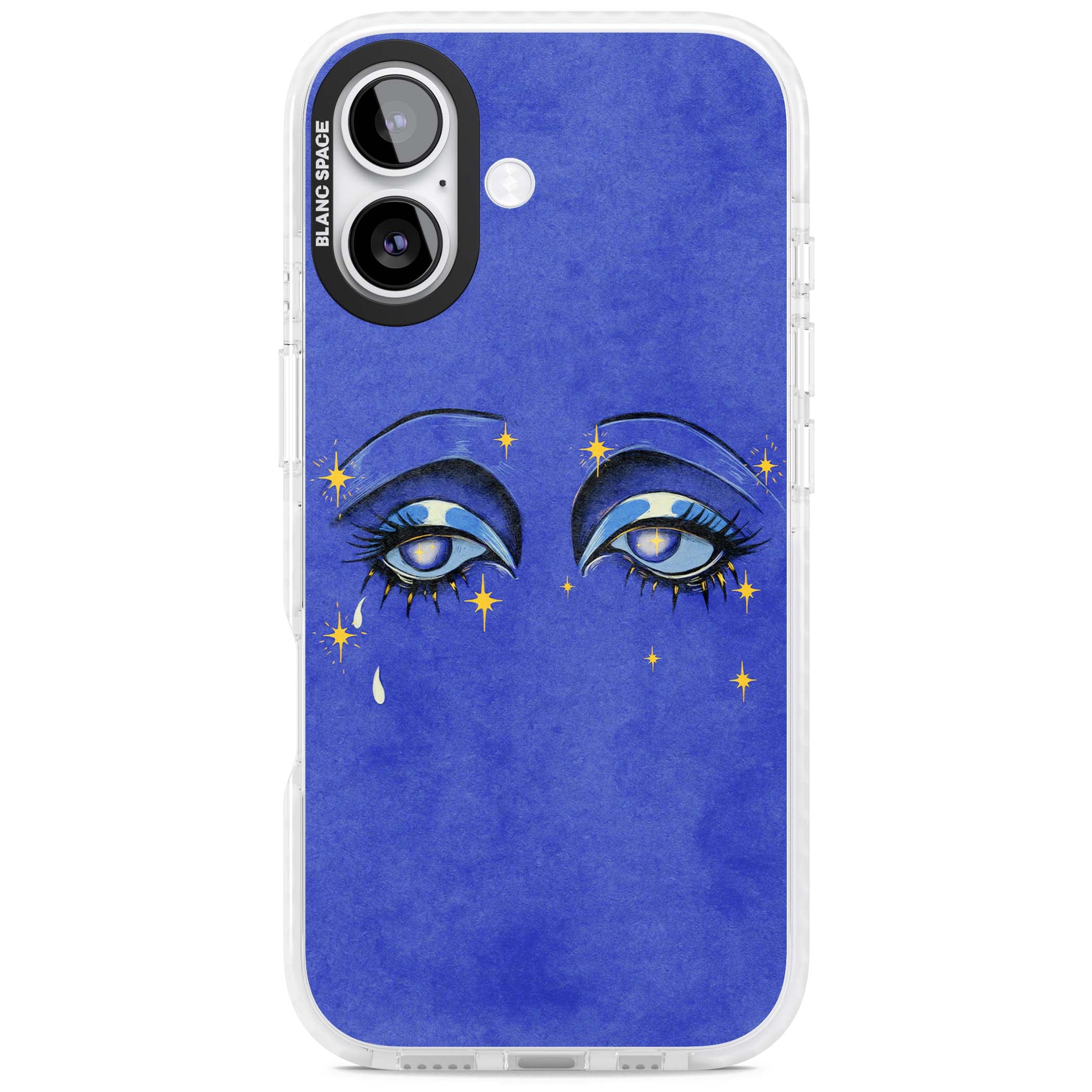 Blue Mystic Eyes celestial iPhone case featuring hand drawn blue mystical eyes, golden stars and a painted tear on indigo | Black Impact case for iPhone 17