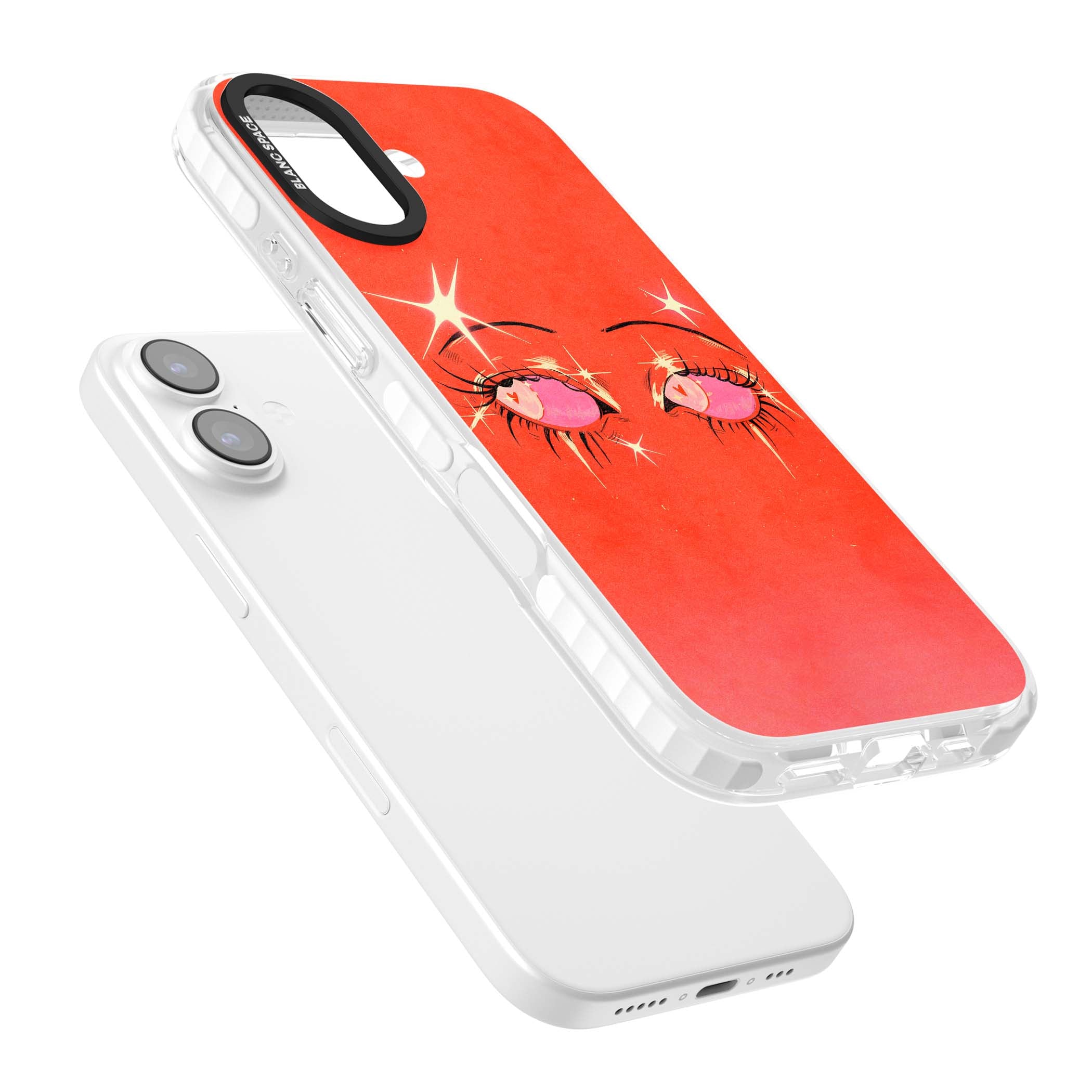 Pink Ethereal Eyes anime iPhone case featuring hand-drawn sparkly eyes with pink hearts and gold stars on red | Black Impact case for iPhone 17