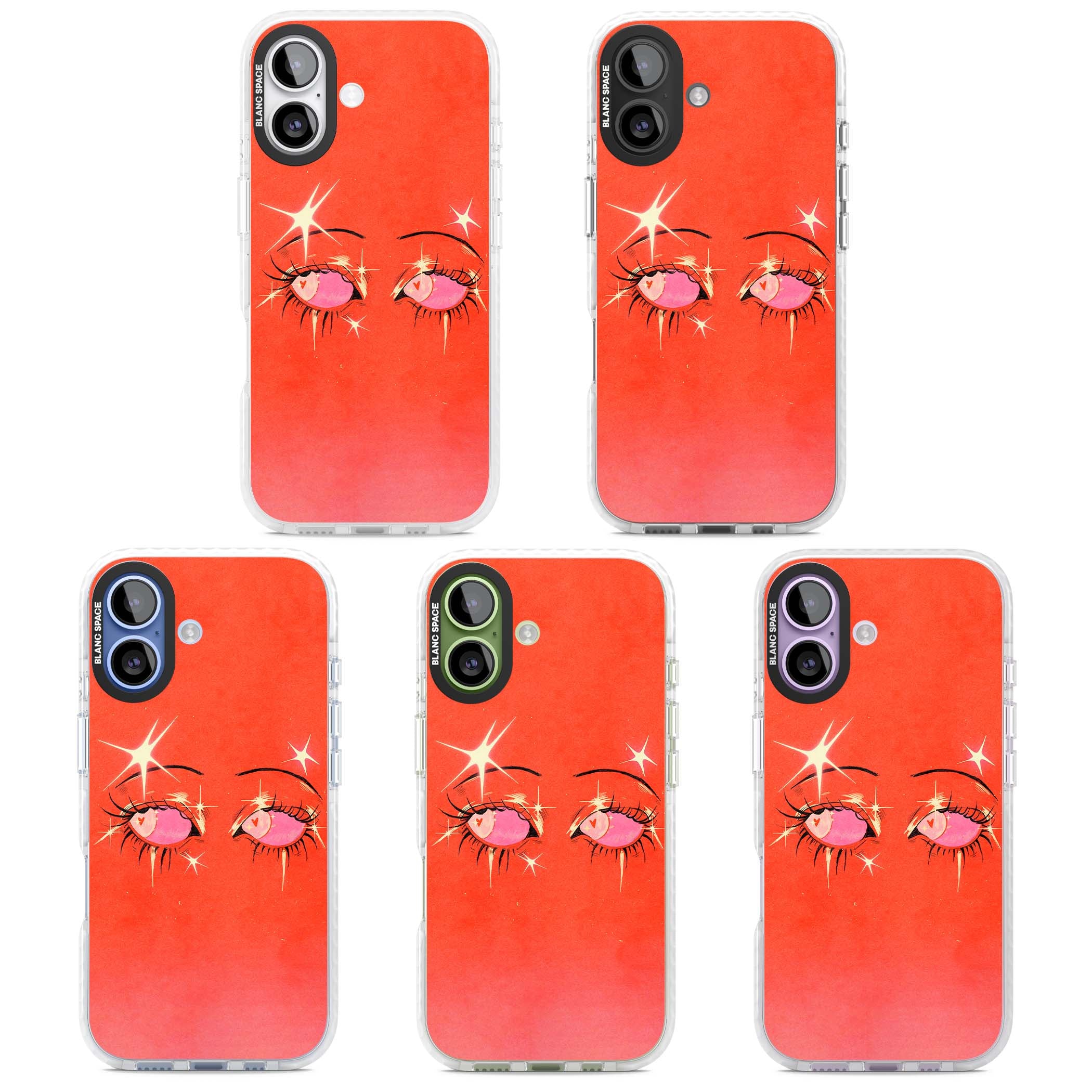 Pink Ethereal Eyes anime iPhone case featuring hand-drawn sparkly eyes with pink hearts and gold stars on red | Black Impact case for iPhone 17