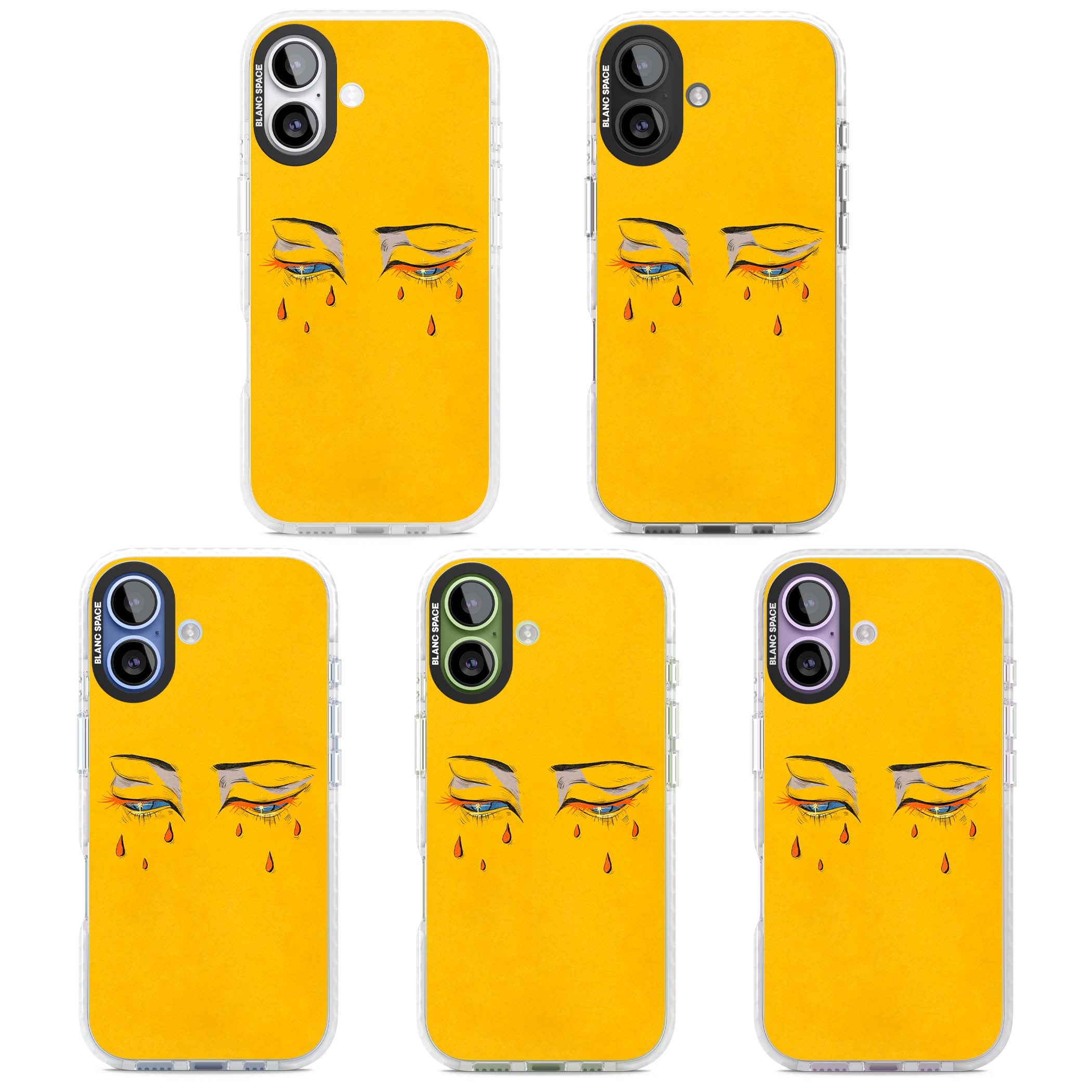 Yellow Tearful Eyes indie iPhone case featuring hand-drawn crying eyes with orange tears on a yellow background | Black Impact case for iPhone 17