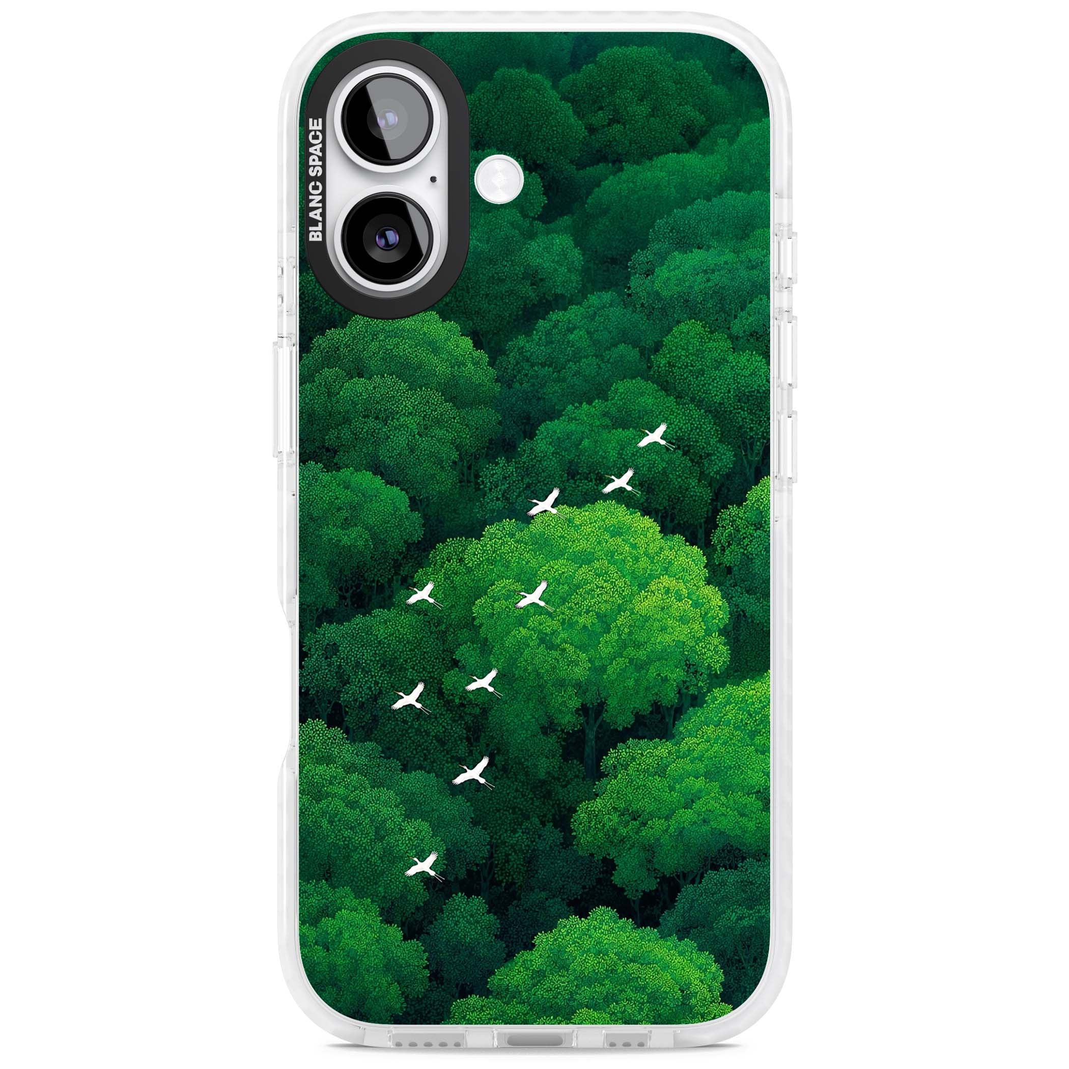 Grove Migration forest iPhone case featuring white cranes flying over lush green treetop canopy | Black Impact case for iPhone 17