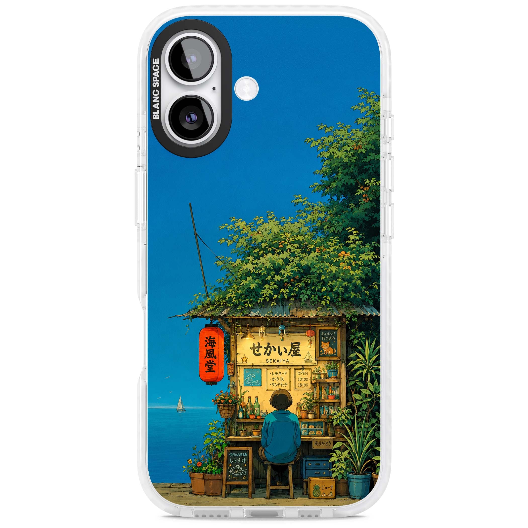 The Shirahama Kiosk anime iPhone case featuring a Japanese seaside shop, red paper lantern and ocean view | Black Impact case for iPhone 17