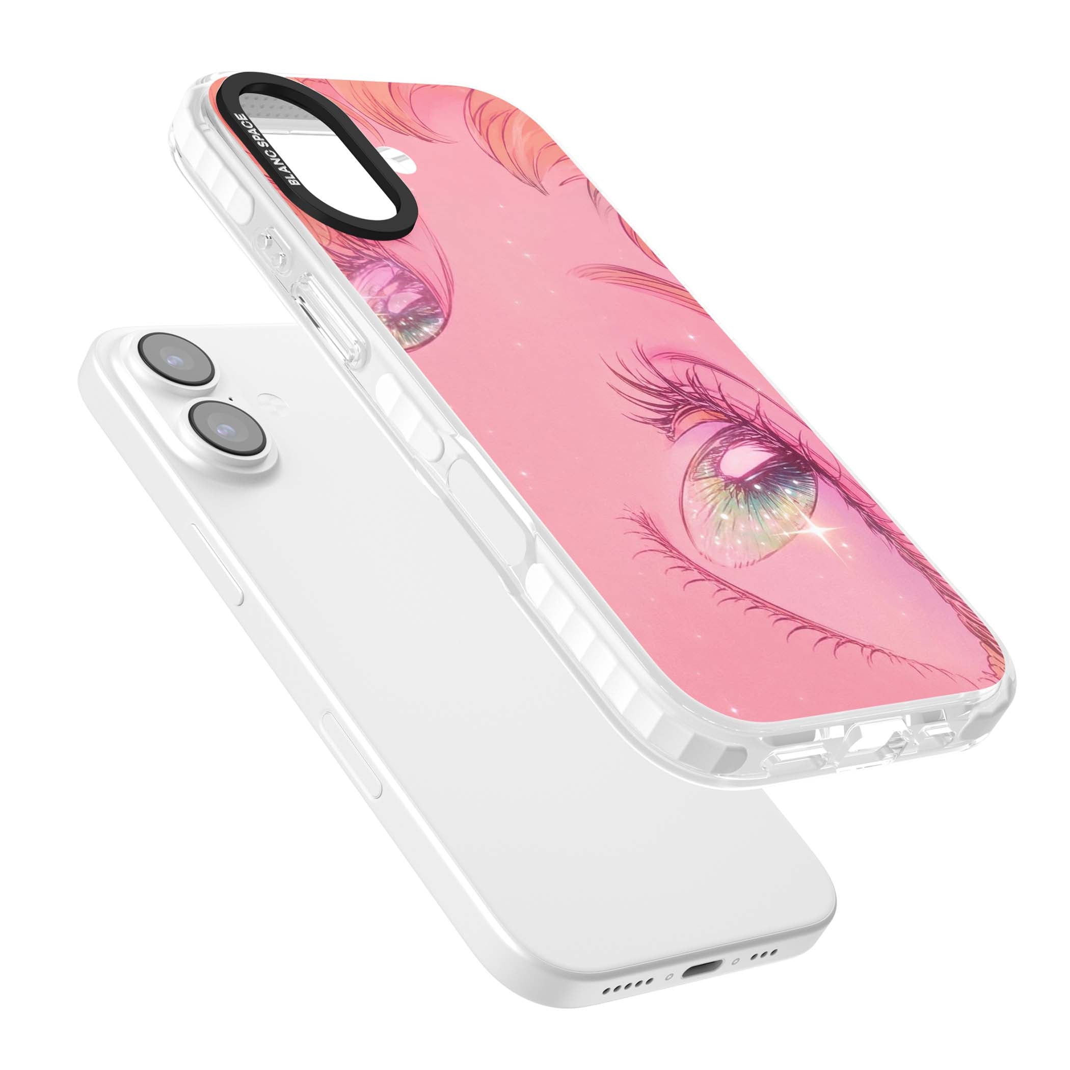 Pink Ethereal Gaze anime iPhone case featuring sparkling manga eyes, coral lashes and dreamy peach sky | Black Impact case for iPhone 17