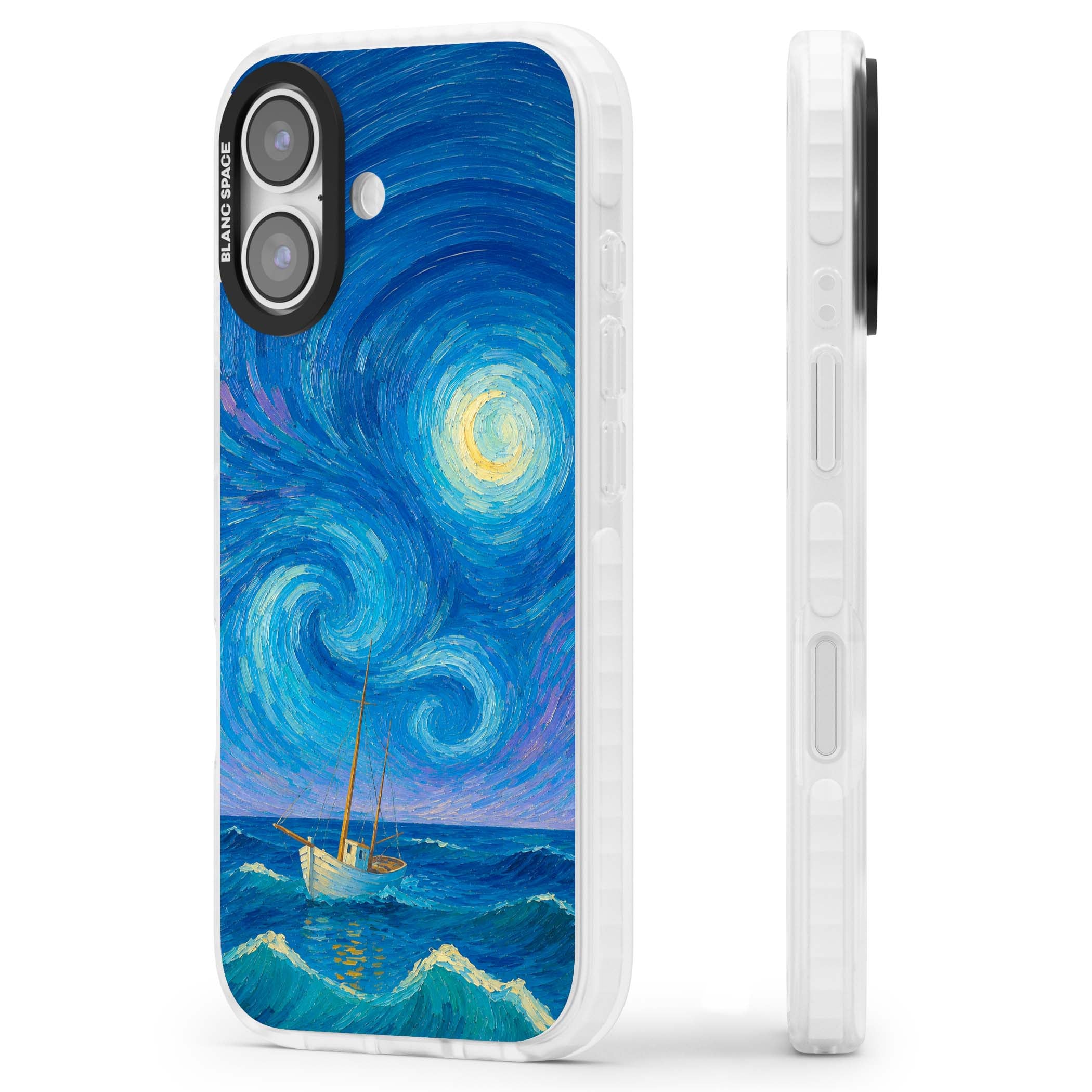 Moonlit Tide Van Gogh art iPhone case featuring swirling starry night sky, glowing moon and lone sailing boat at sea | Black Impact case for iPhone 17