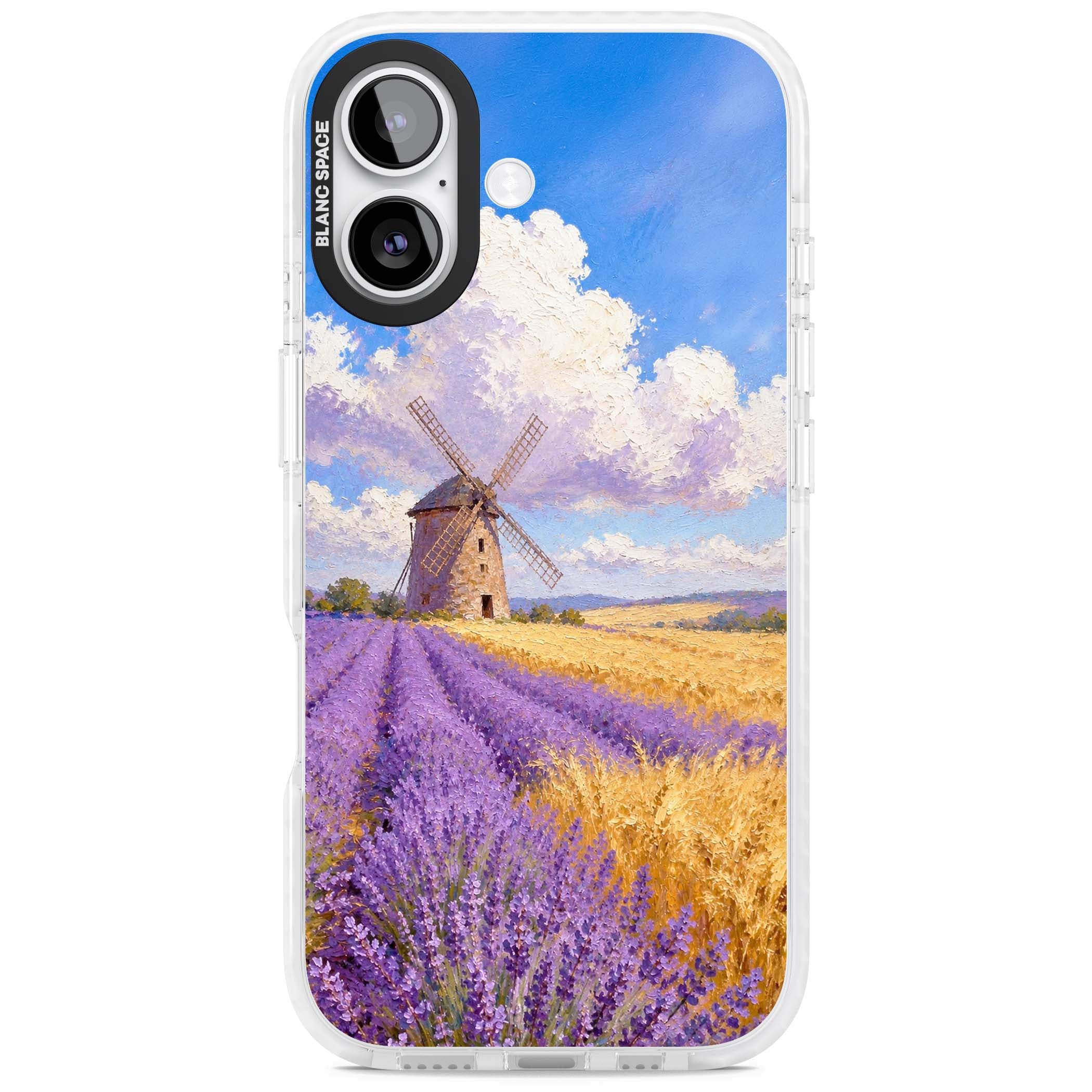 Lavender Mill cottagecore iPhone case featuring a French windmill, lavender field and golden wheat oil painting | Black Impact case for iPhone 17