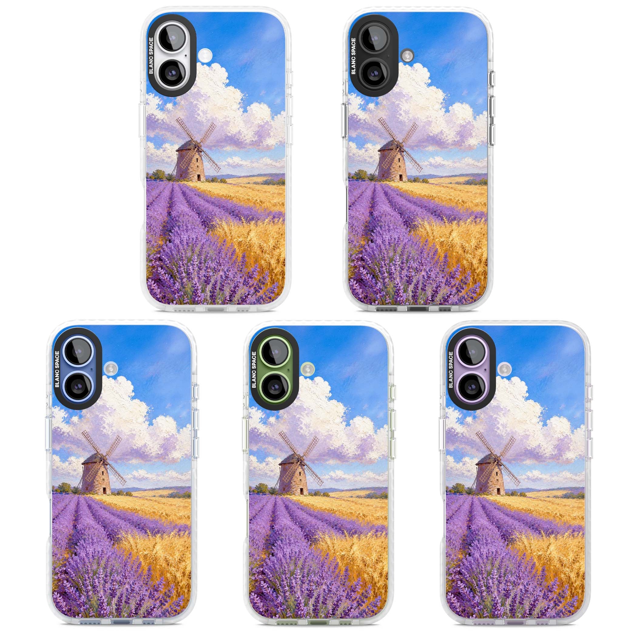 Lavender Mill cottagecore iPhone case featuring a French windmill, lavender field and golden wheat oil painting | Black Impact case for iPhone 17