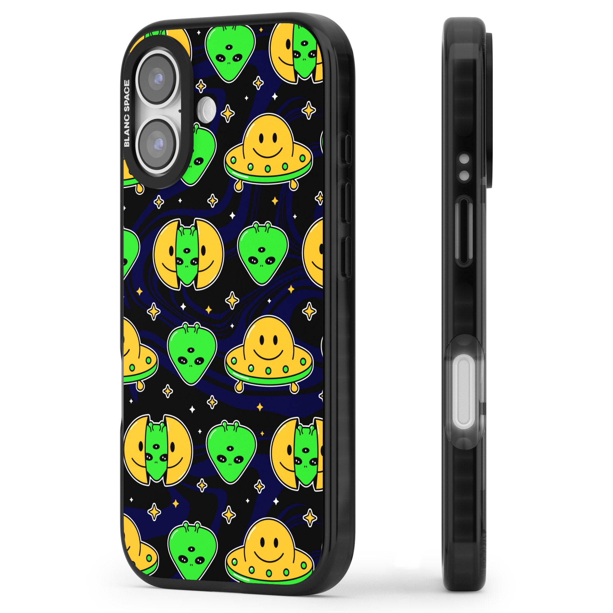 Alien Head Pattern iPhone 17 Impact Black Phone Case Side Profile
