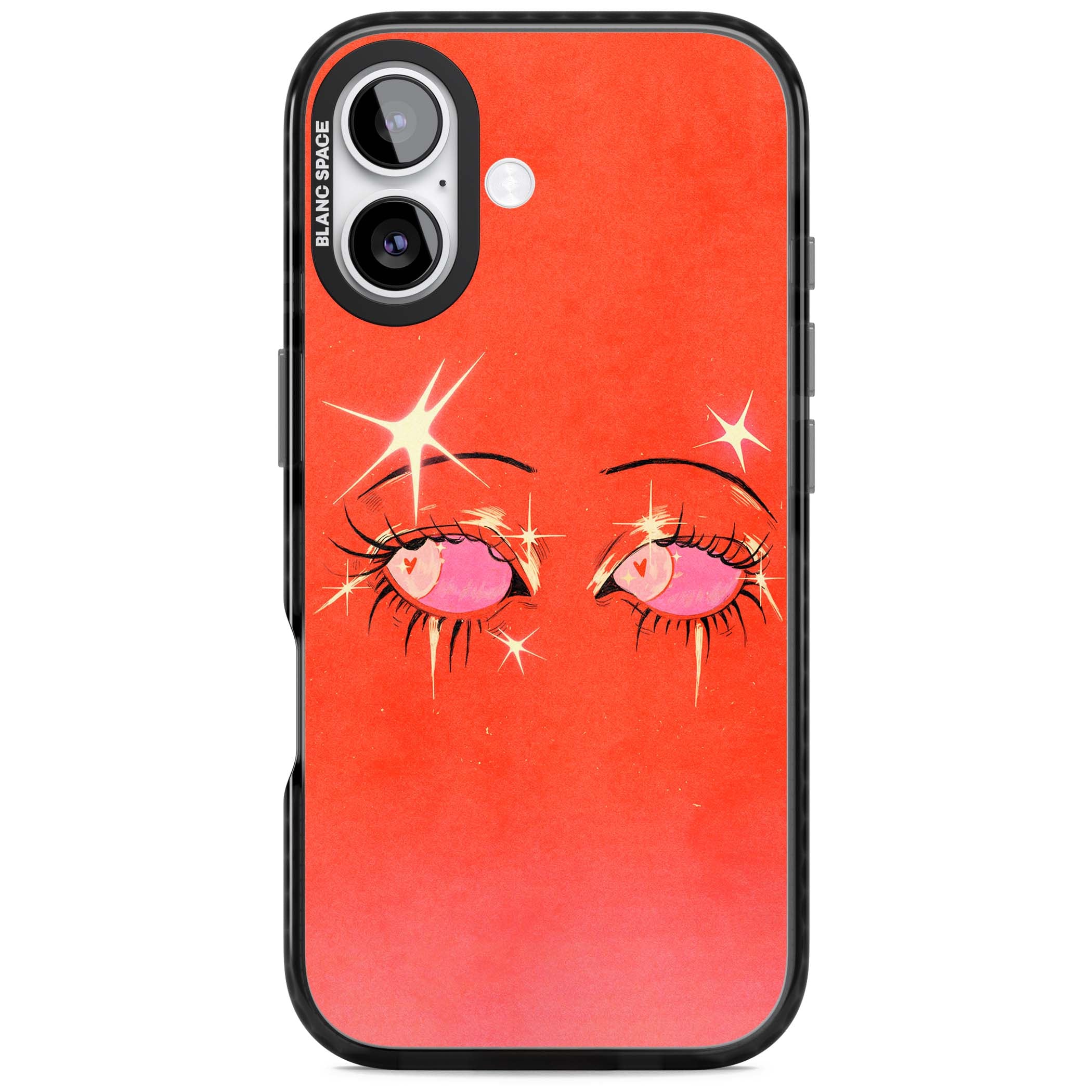 Pink Ethereal Eyes anime iPhone case featuring hand-drawn sparkly eyes with pink hearts and gold stars on red | Clear Impact case for iPhone 17