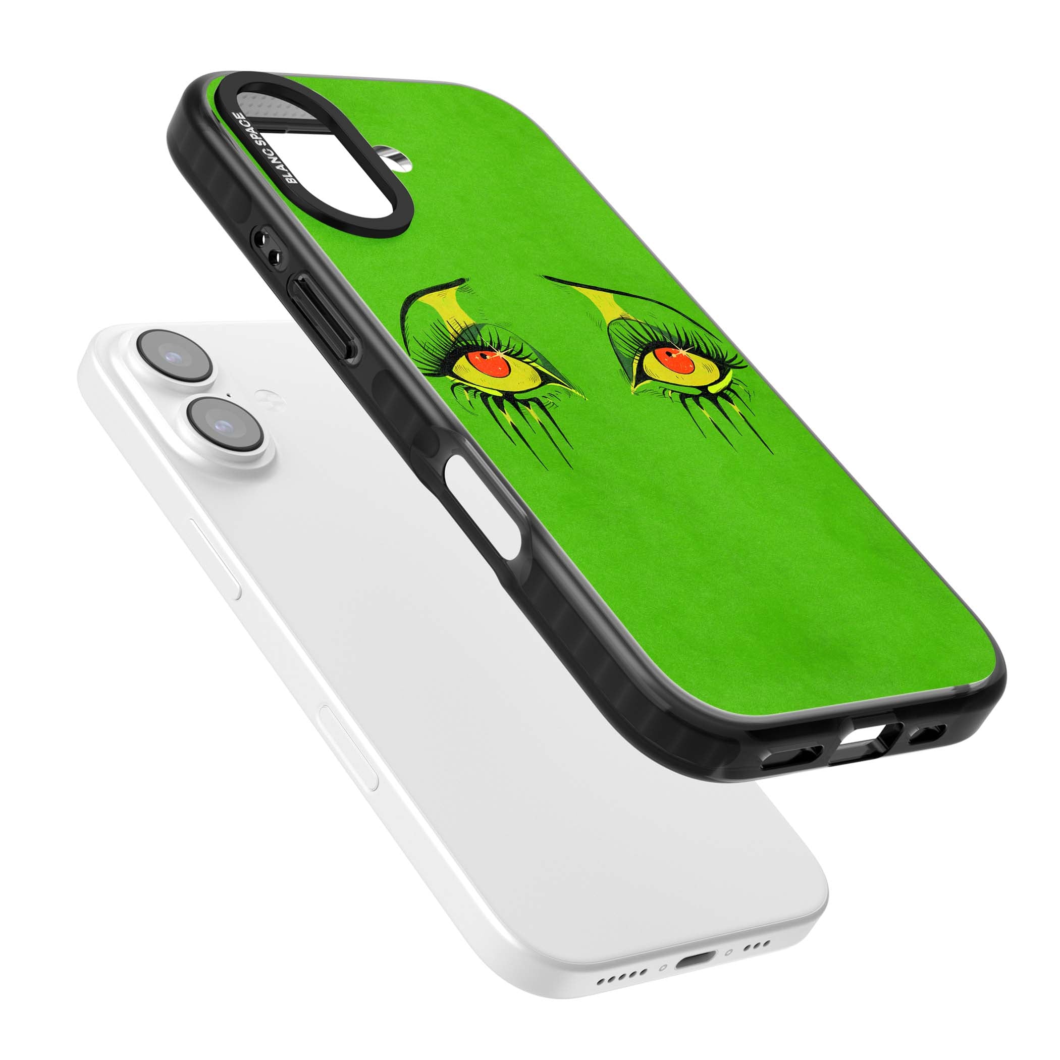 Green Enchanted Eyes psychedelic art iPhone case featuring hand-drawn dripping eyes on neon green background | Clear Impact case for iPhone 17