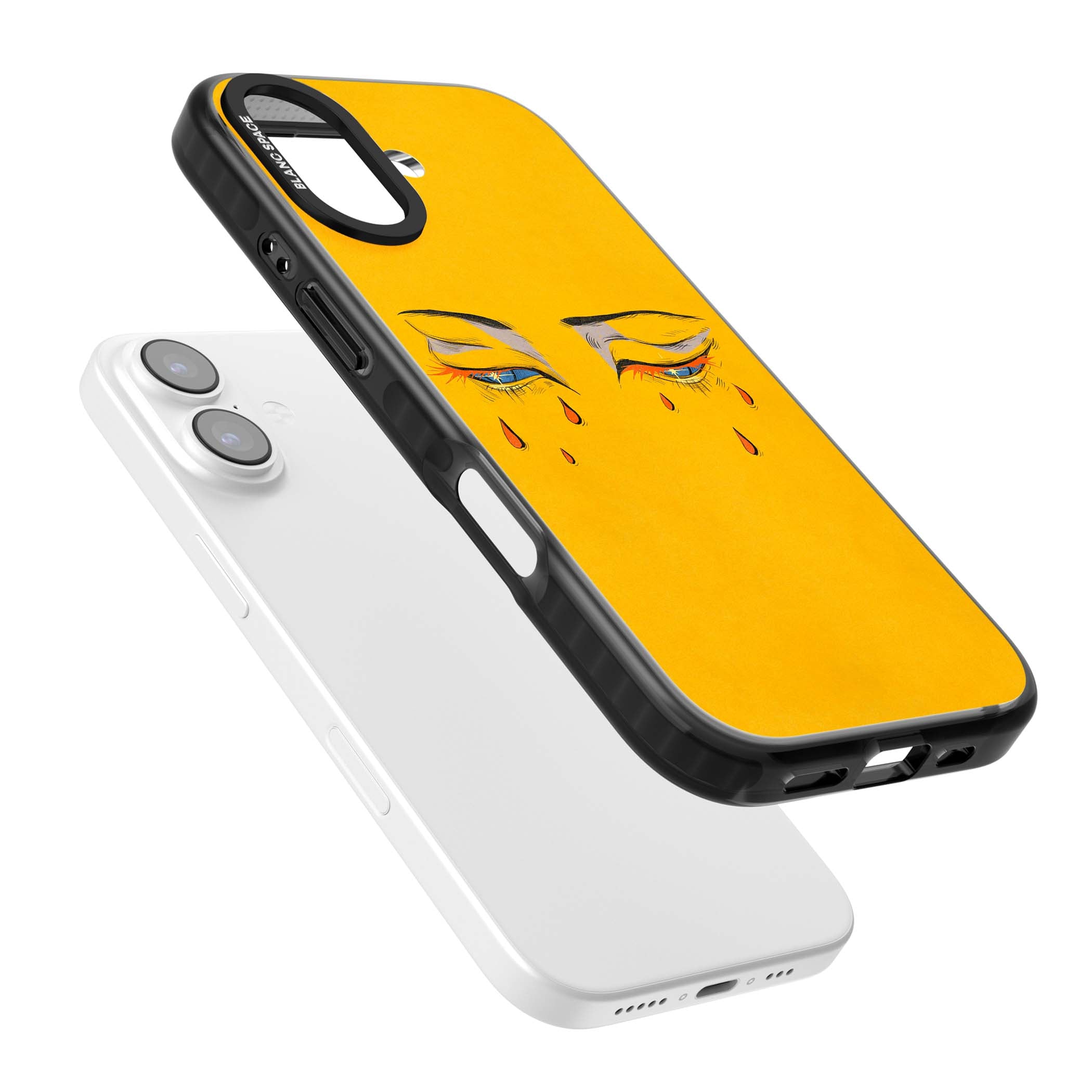 Yellow Tearful Eyes indie iPhone case featuring hand-drawn crying eyes with orange tears on a yellow background | Clear Impact case for iPhone 17