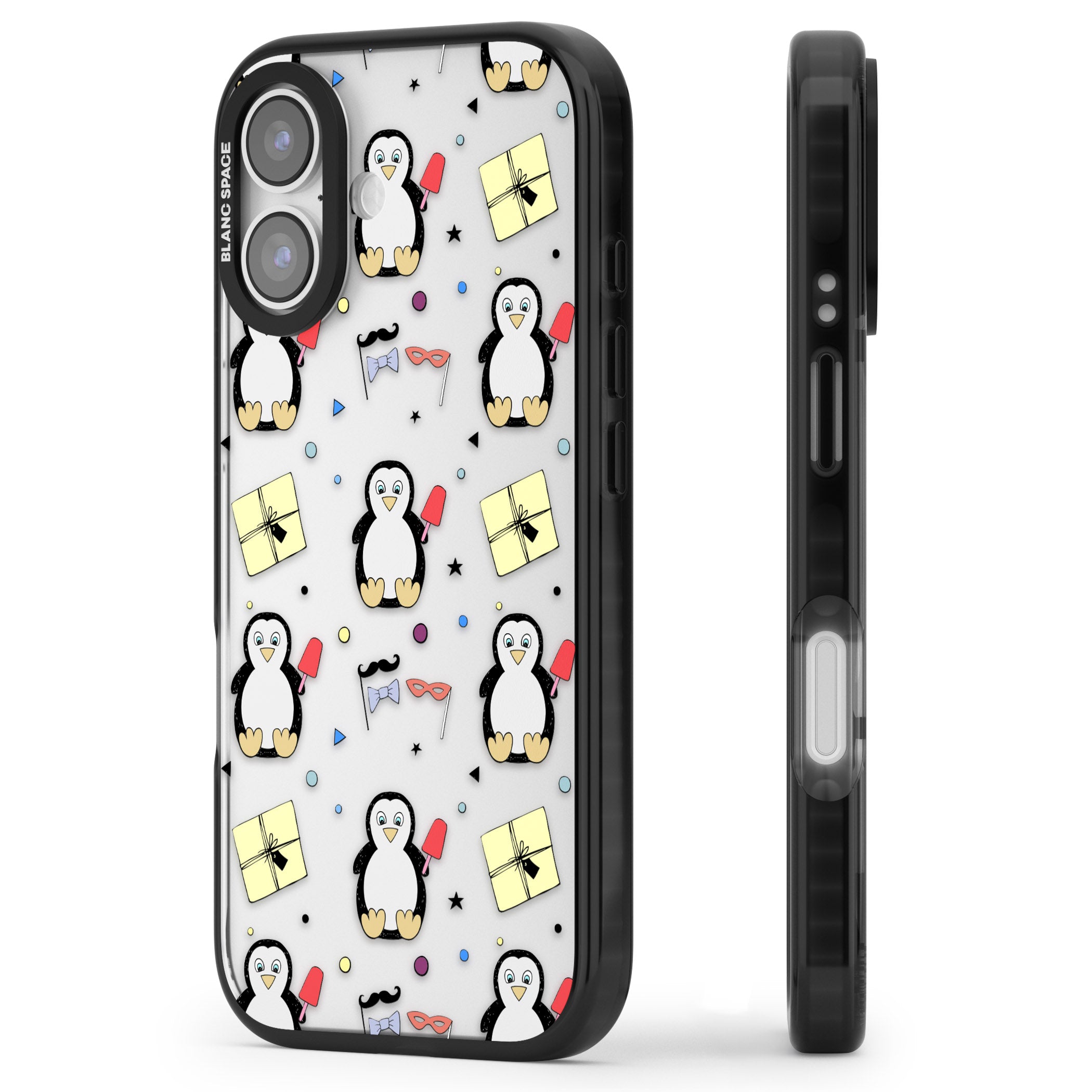 Cute Penguin Pattern Clear iPhone 17 Impact Black Phone Case Side Profile