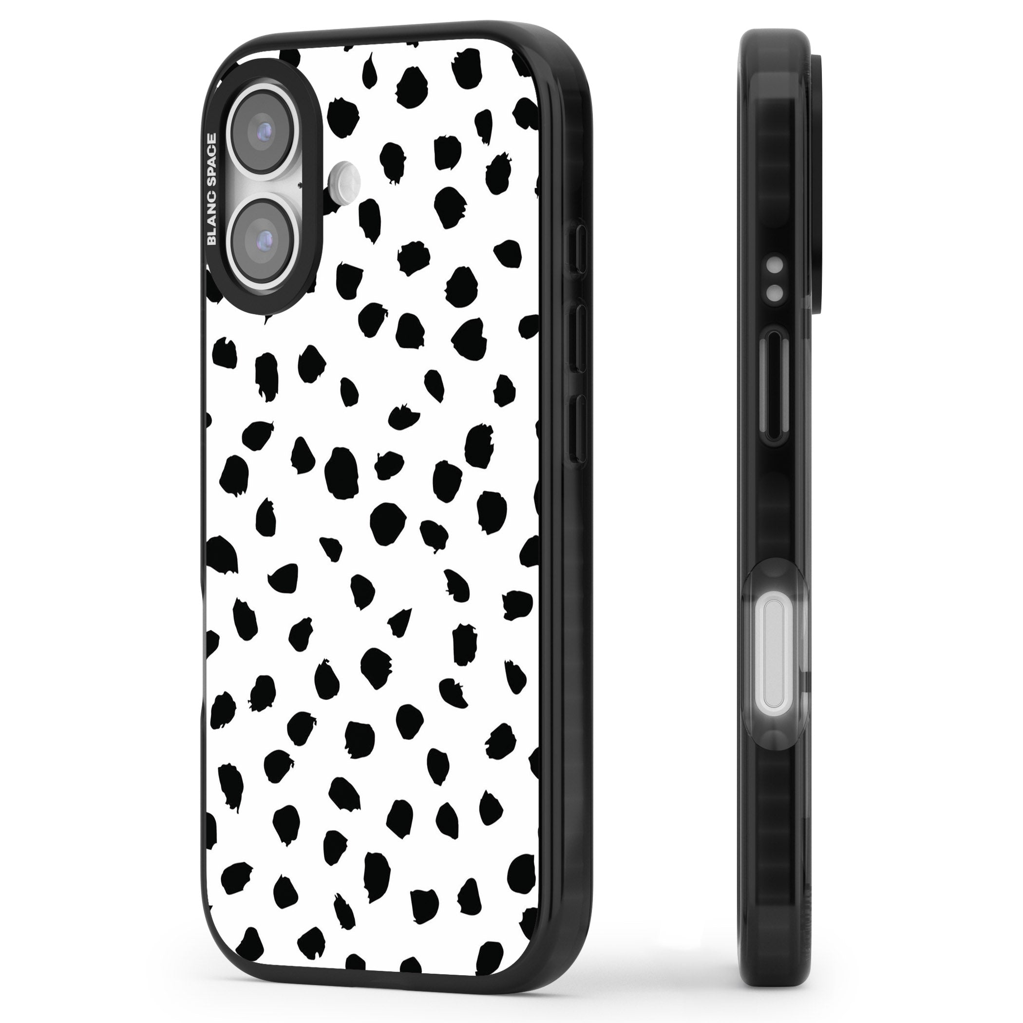 White Dalmatian Print iPhone 17 Impact Black Phone Case Side Profile