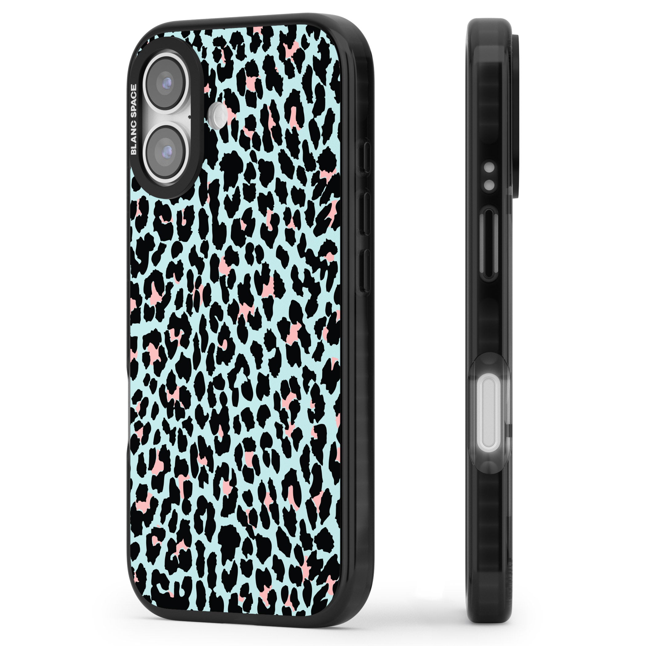 Pastel Blue & Pink Leopard Print iPhone 17 Impact Black Phone Case Side Profile