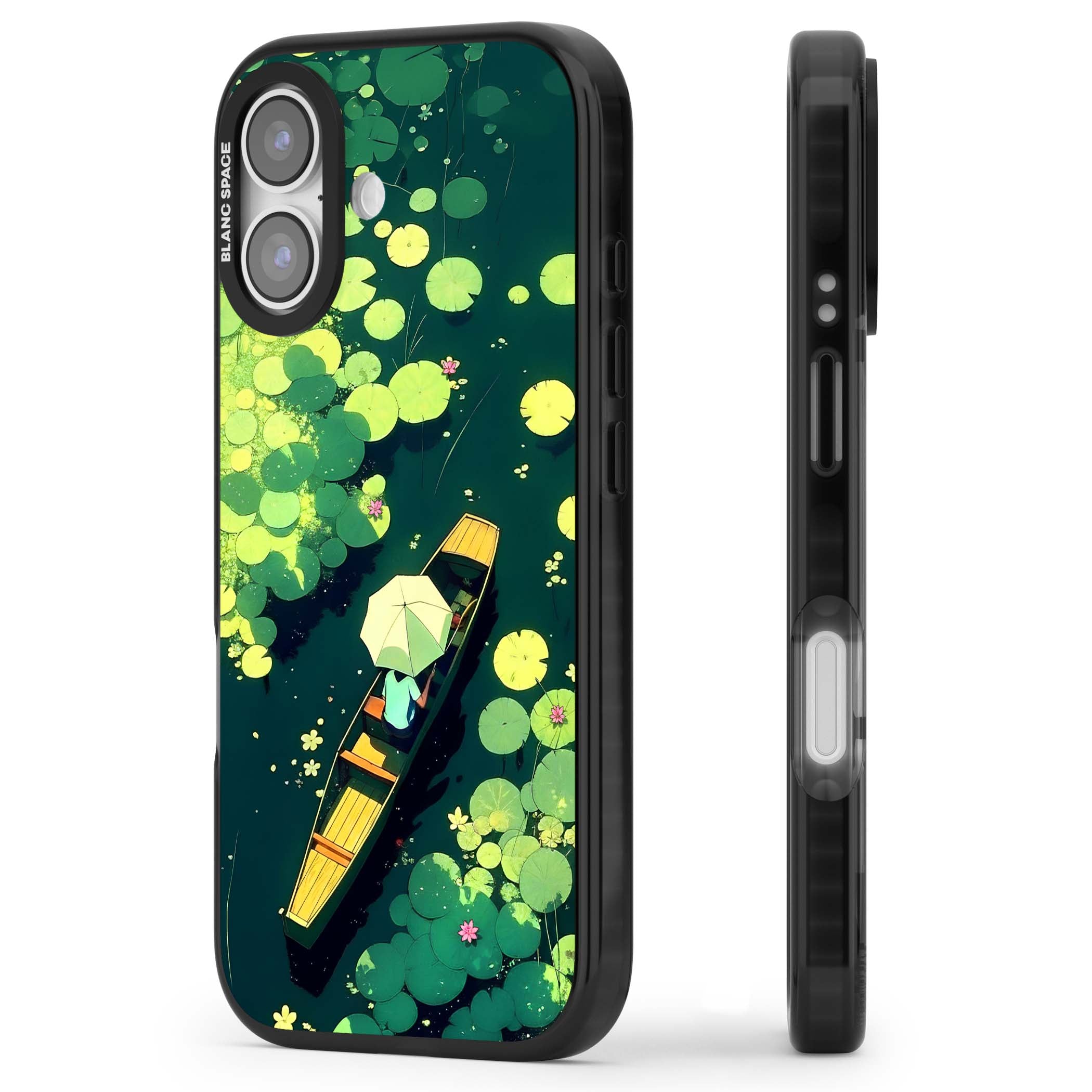 Jade Waters cottagecore iPhone case featuring a painted lily pond, wooden boat with parasol and floating water lilies | Clear Impact case for iPhone 17