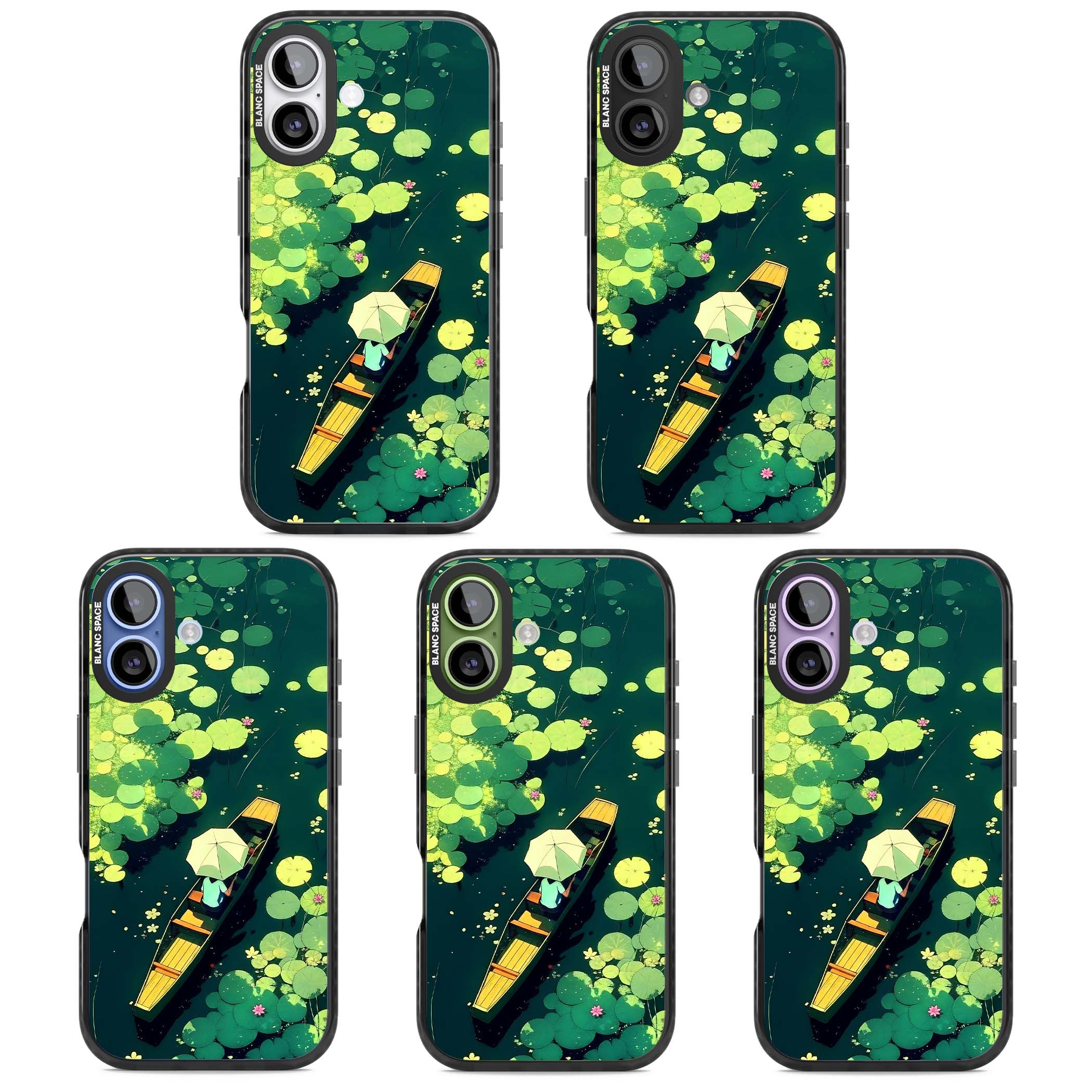 Jade Waters cottagecore iPhone case featuring a painted lily pond, wooden boat with parasol and floating water lilies | Clear Impact case for iPhone 17