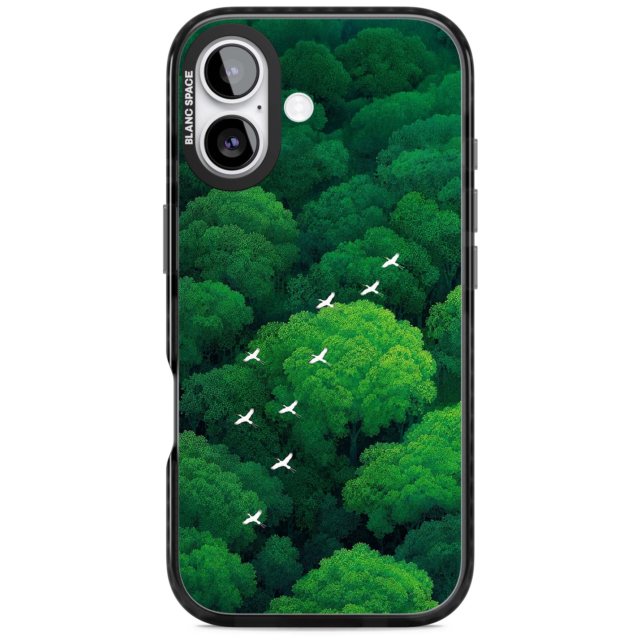 Grove Migration forest iPhone case featuring white cranes flying over lush green treetop canopy | Clear Impact case for iPhone 17