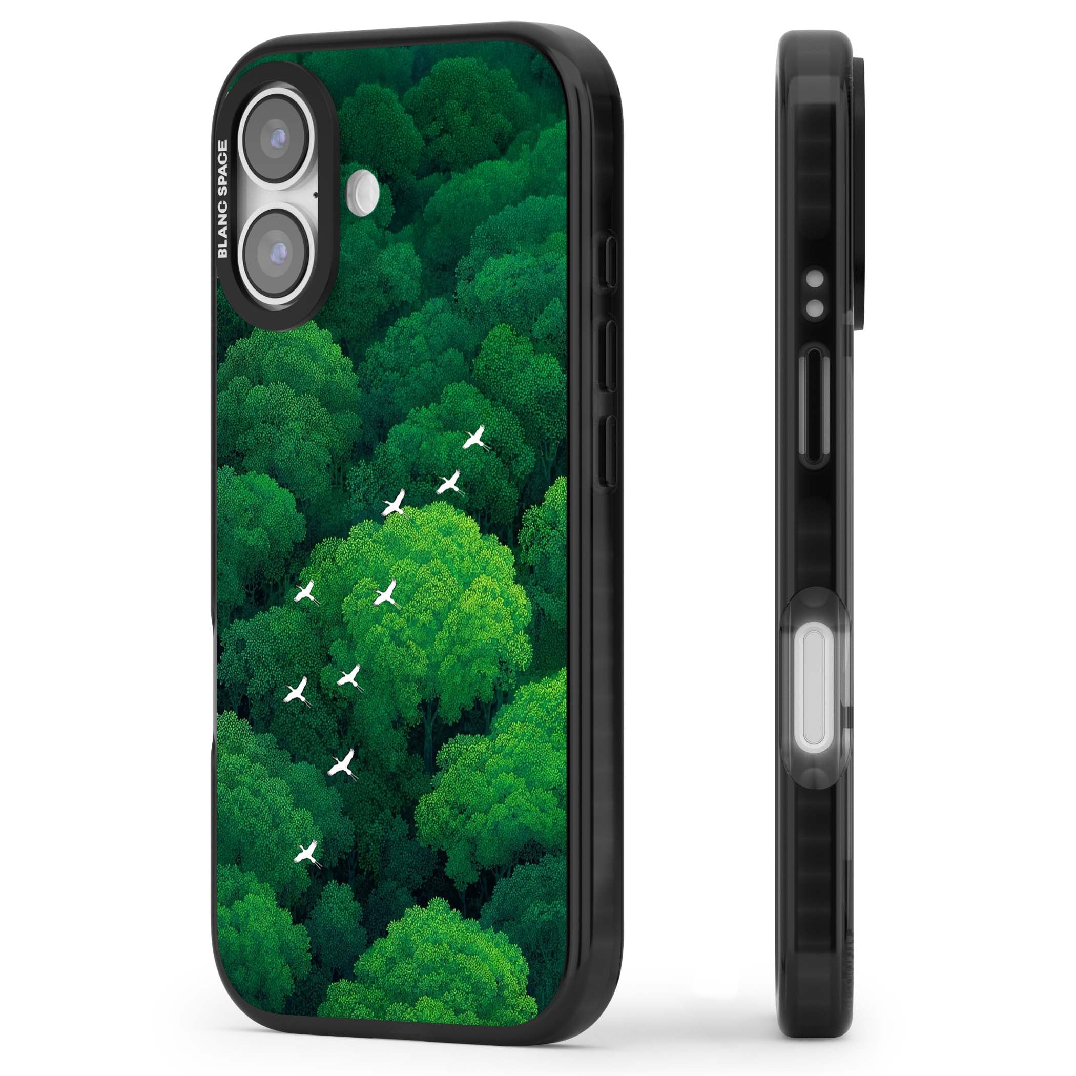 Grove Migration forest iPhone case featuring white cranes flying over lush green treetop canopy | Clear Impact case for iPhone 17