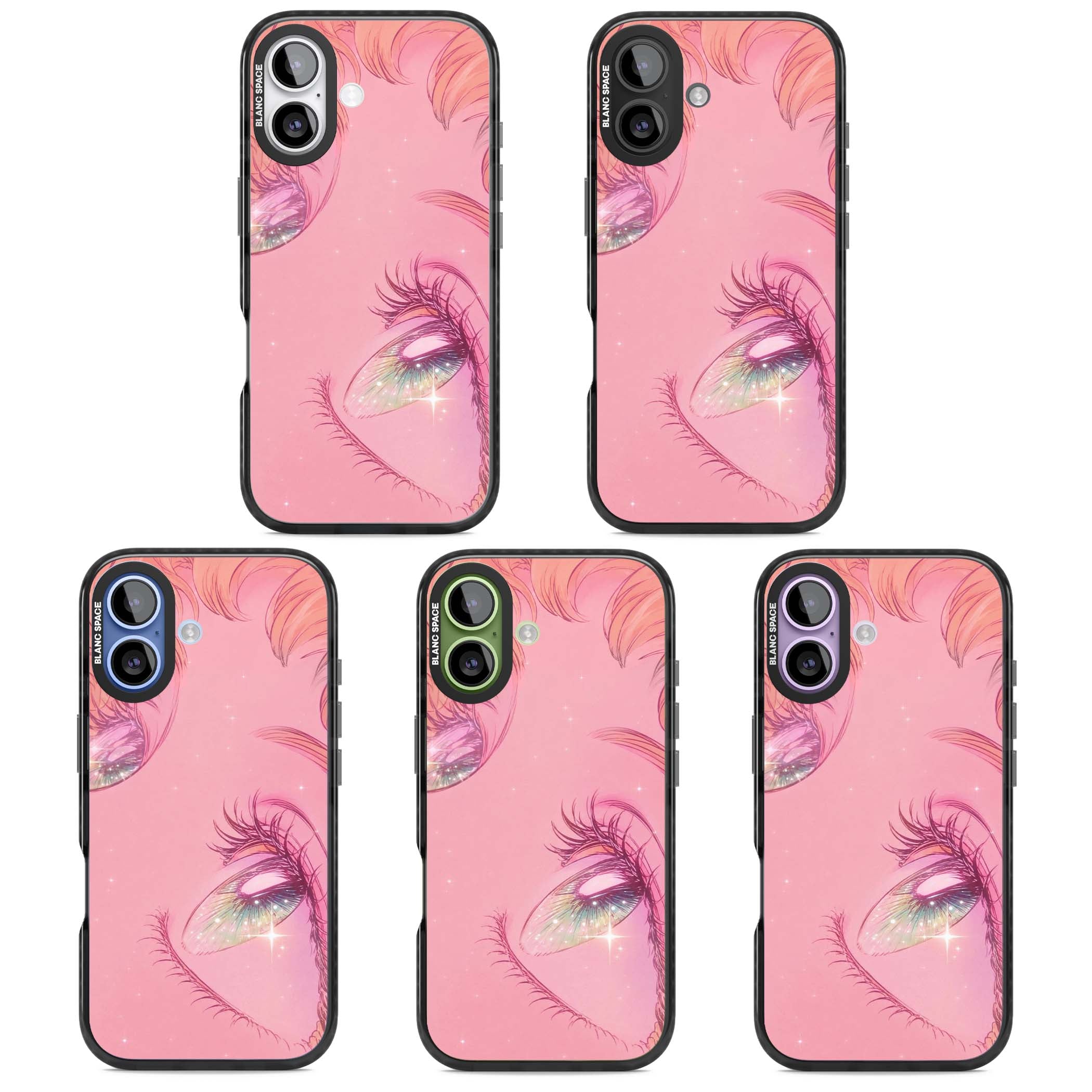 Pink Ethereal Gaze anime iPhone case featuring sparkling manga eyes, coral lashes and dreamy peach sky | Clear Impact case for iPhone 17