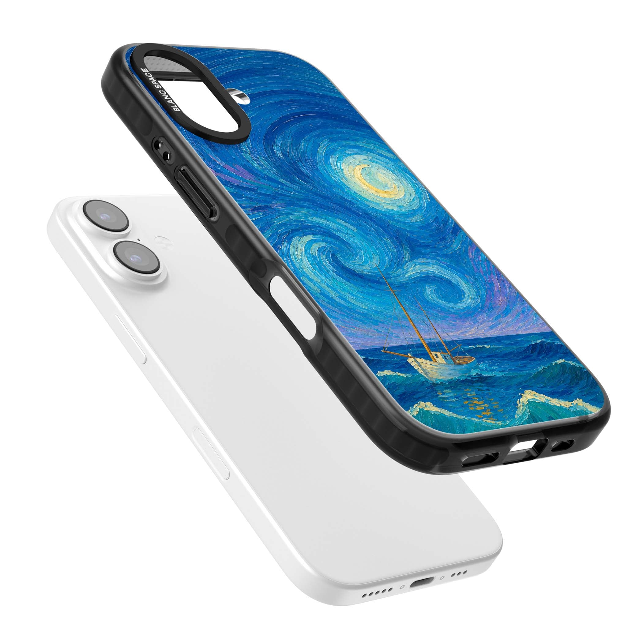 Moonlit Tide Van Gogh art iPhone case featuring swirling starry night sky, glowing moon and lone sailing boat at sea | Clear Impact case for iPhone 17