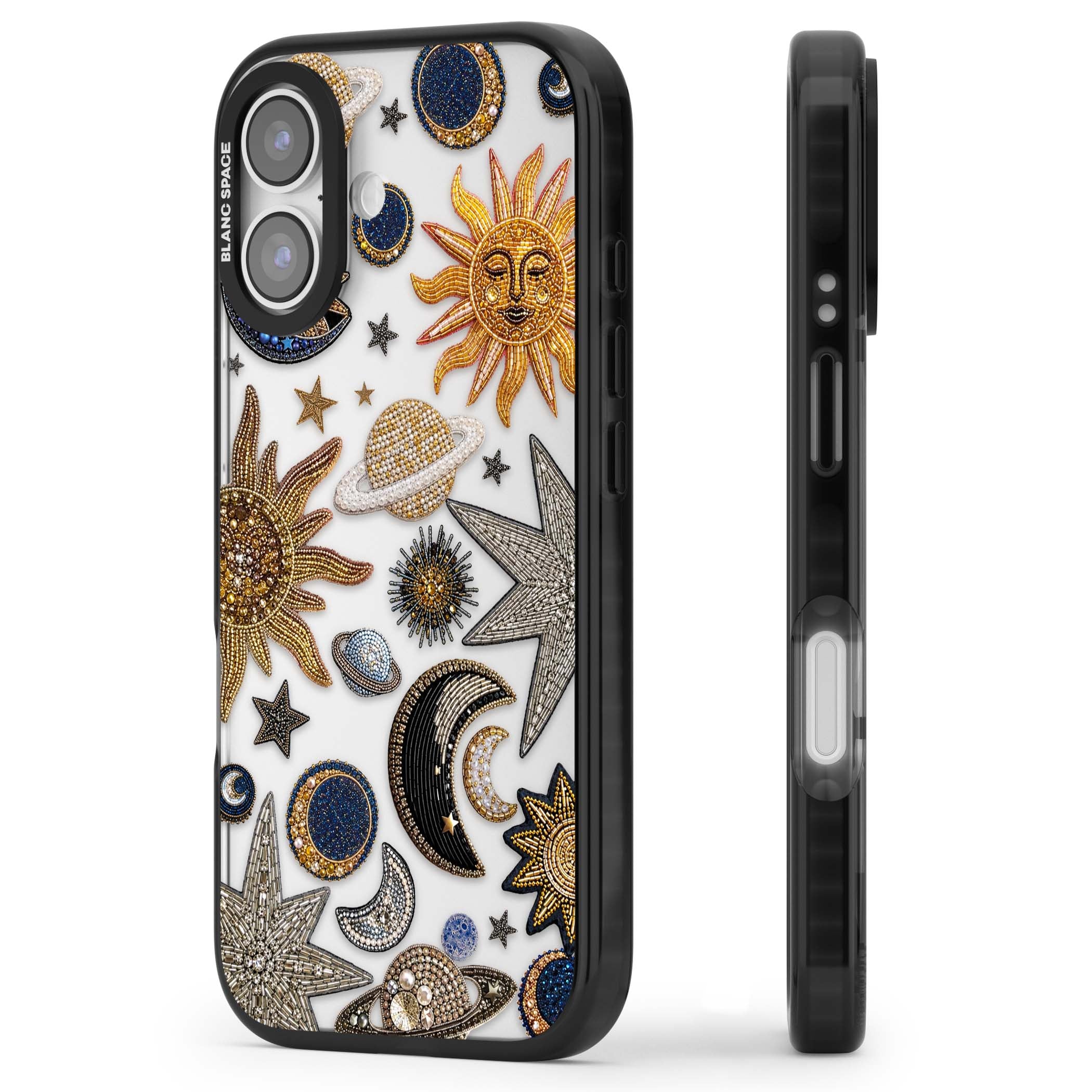 Beaded Cosmos celestial iPhone case featuring embroidered golden suns, beaded planets and silver shooting stars | Clear Impact case for iPhone 17