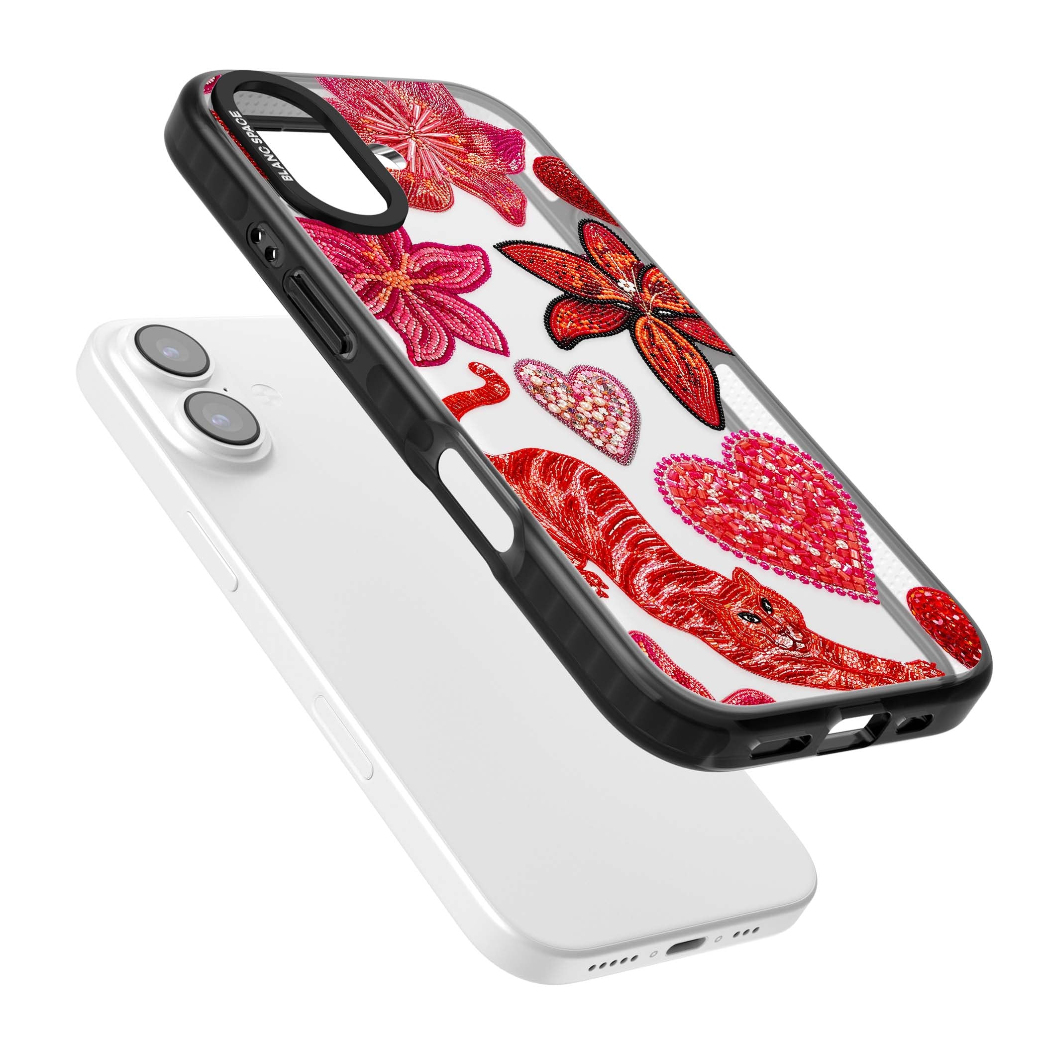 Beaded Boho floral iPhone case featuring beaded red lilies, a stitched tiger, and pearl-encrusted hearts on clear | Clear Impact case for iPhone 17