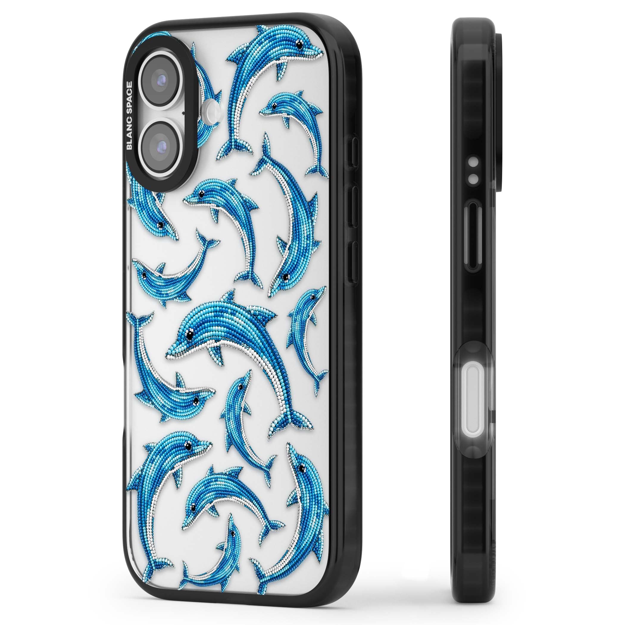 Beaded Dolphins coastal iPhone case featuring beaded dolphins in blue and white swimming across a clear background | Clear Impact case for iPhone 17