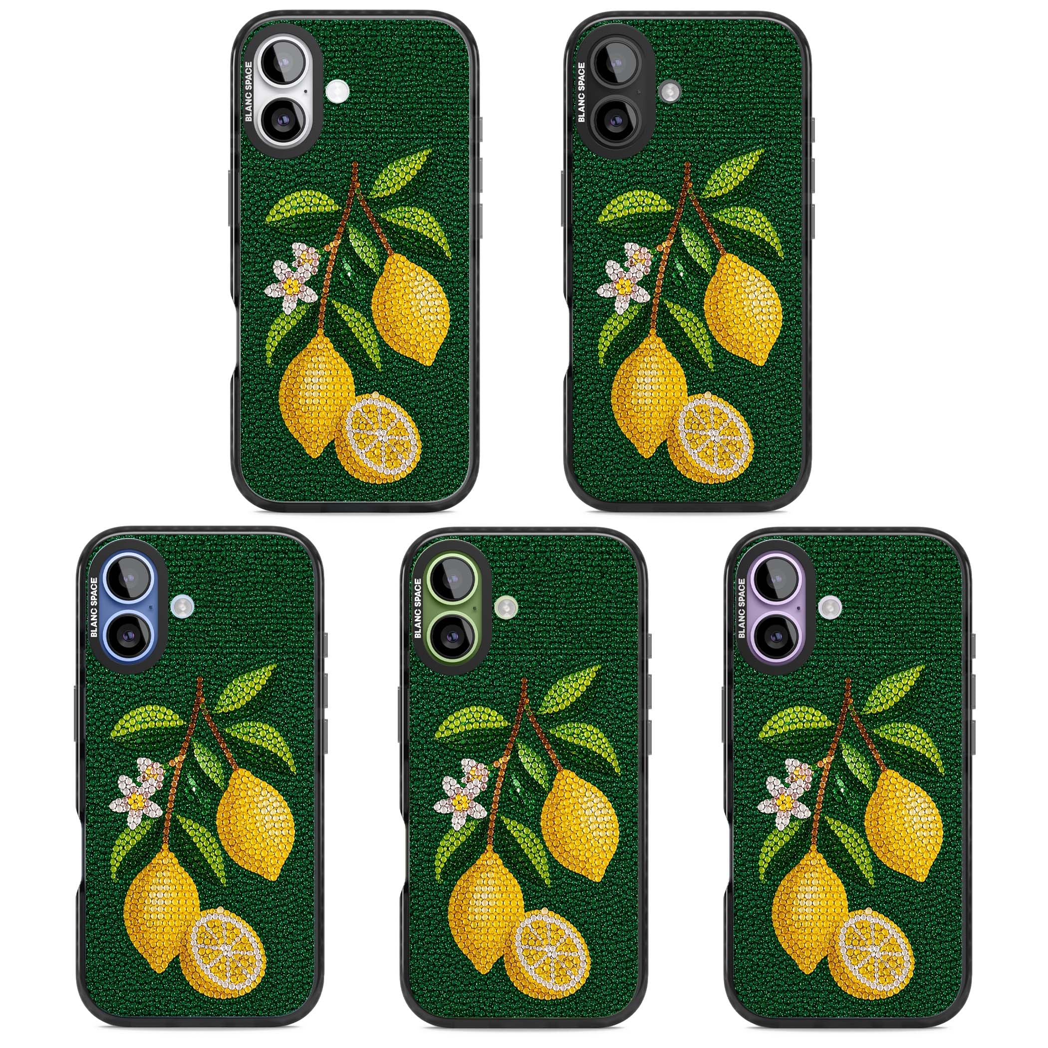 Beaded Lemons coastal iPhone case featuring crystal-beaded lemons, citrus blossom and green leaves on emerald ground | Clear Impact case for iPhone 17